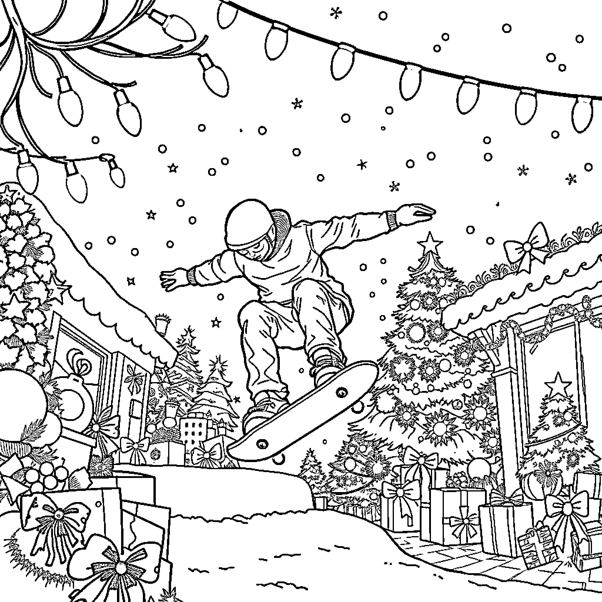 Skateboarder performing a trick in a festive winter scene Coloring Page (free black-and-white line drawing printable PDF for all, from beginners to advanced learners, including children, teens, adults, and seniors)