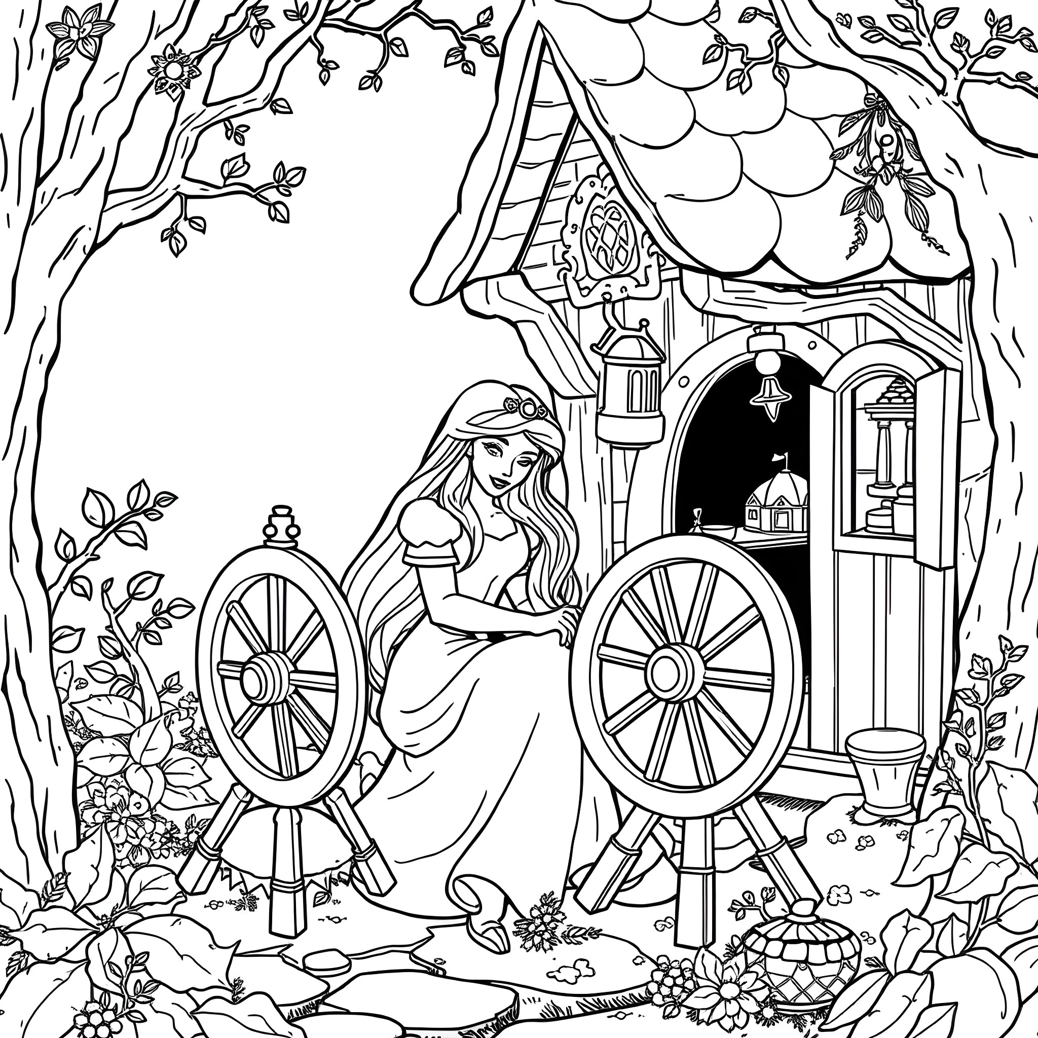 Sleeping Beauty in a cozy cottage with spinning wheel Coloring Page (free black-and-white line drawing printable PDF for all, from beginners to advanced learners, including children, teens, adults, and seniors)