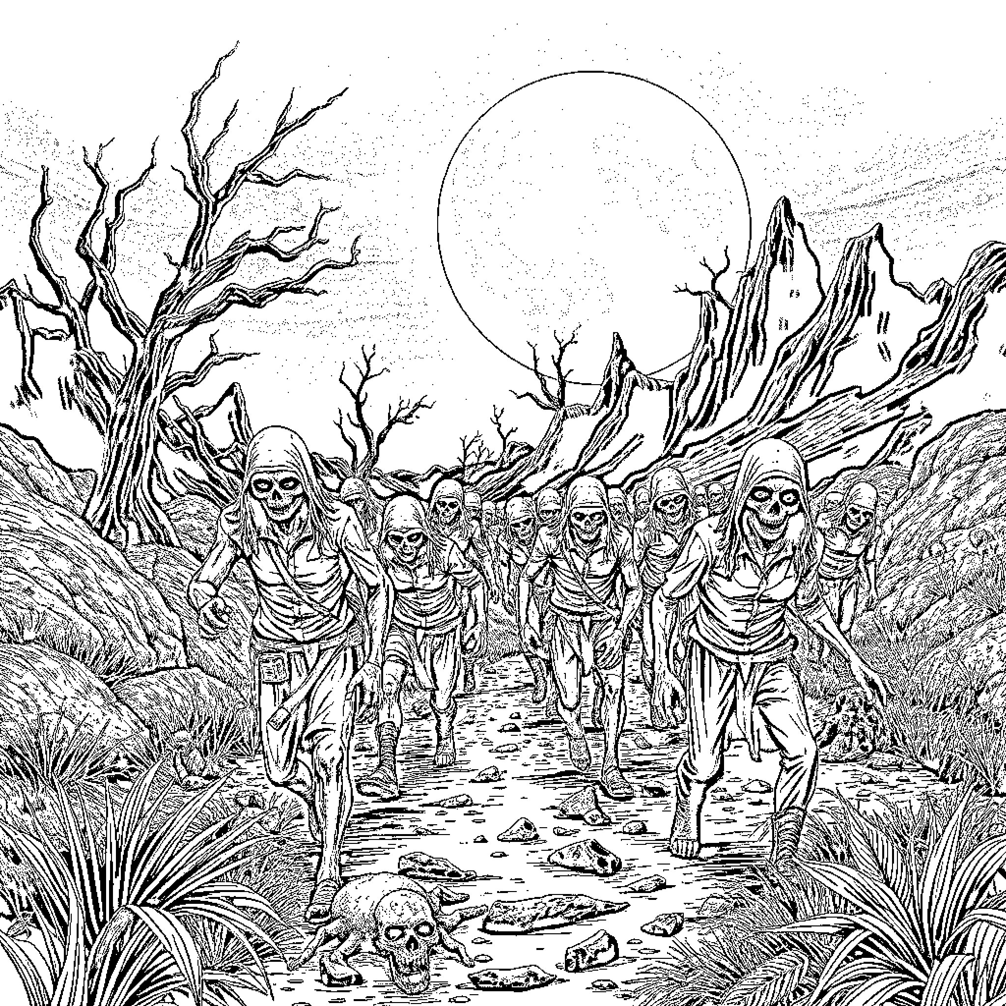 Zombie Horde Marching Through Desolate Landscape Coloring Page (free black-and-white line drawing printable PDF for all, from beginners to advanced learners, including children, teens, adults, and seniors)