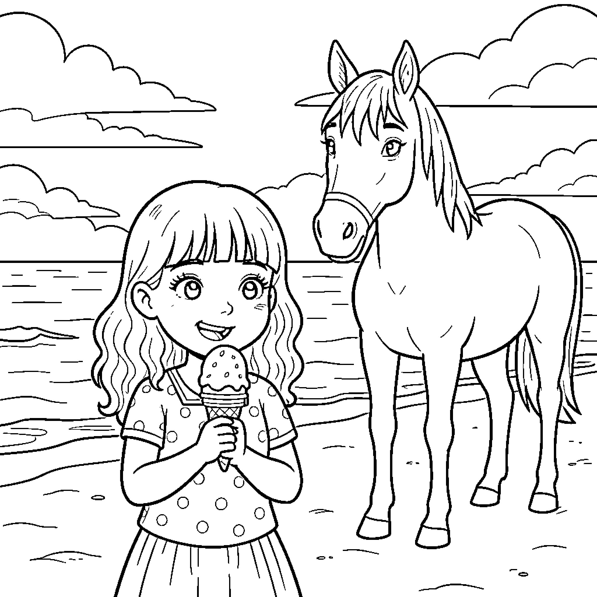 Fille eating ice cream standing next to a horse Coloring Page (free black-and-white line drawing printable PDF for all, from beginners to advanced learners, including children, teens, adults, and seniors)