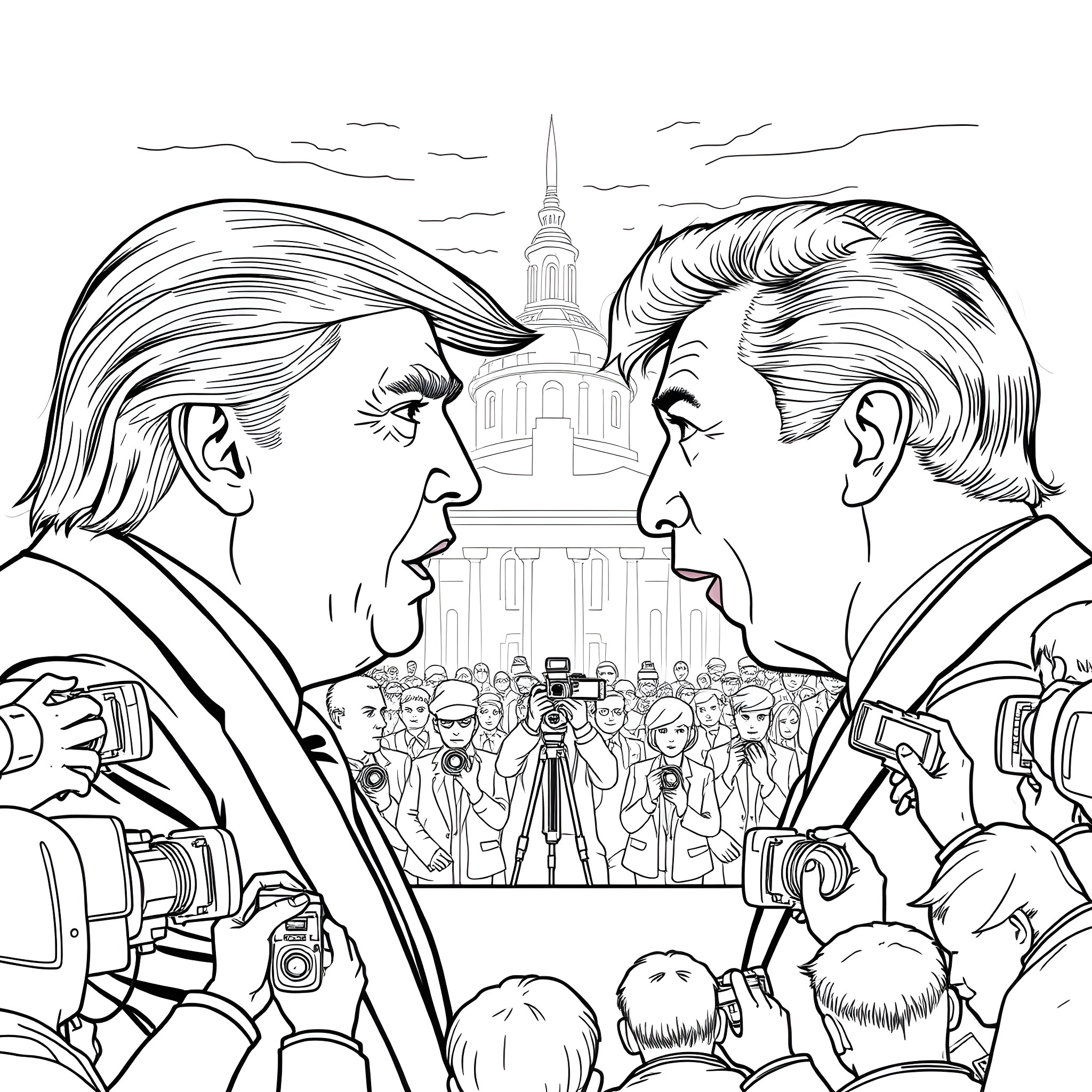 Donald Trump and Hillary Clinton facing off in a political confrontation Coloring Page (free black-and-white line drawing printable PDF for all, from beginners to advanced learners, including children, teens, adults, and seniors)