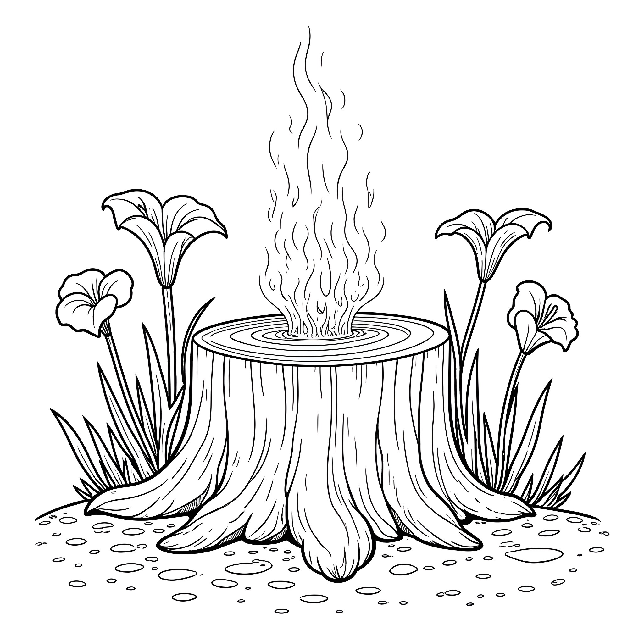 Stump with Flames and Flowers Coloring Page (free black-and-white line drawing printable PDF for all, from beginners to advanced learners, including children, teens, adults, and seniors)