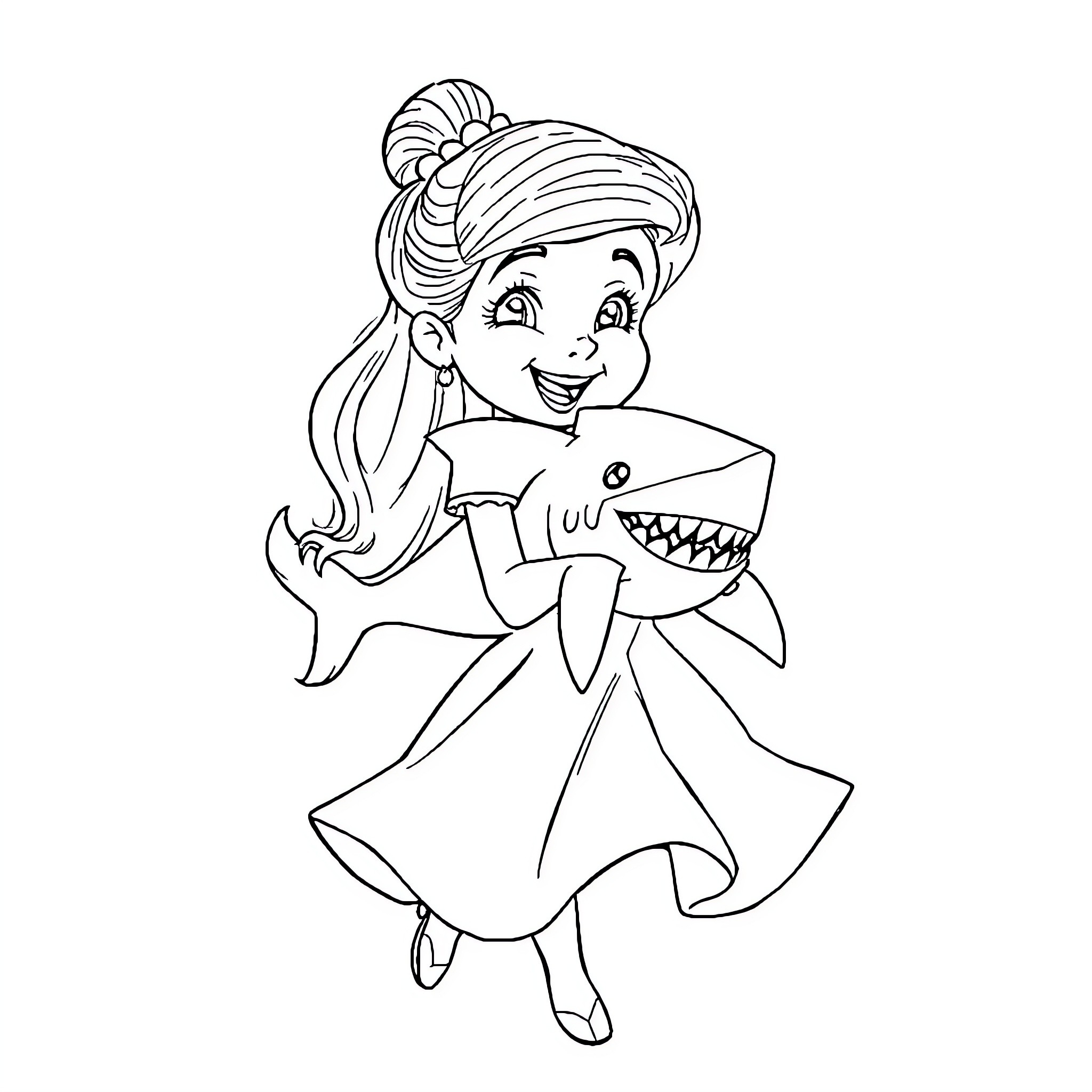 Bella dancing with a shark toy Coloring Page (free black-and-white line drawing printable PDF for all, from beginners to advanced learners, including children, teens, adults, and seniors)