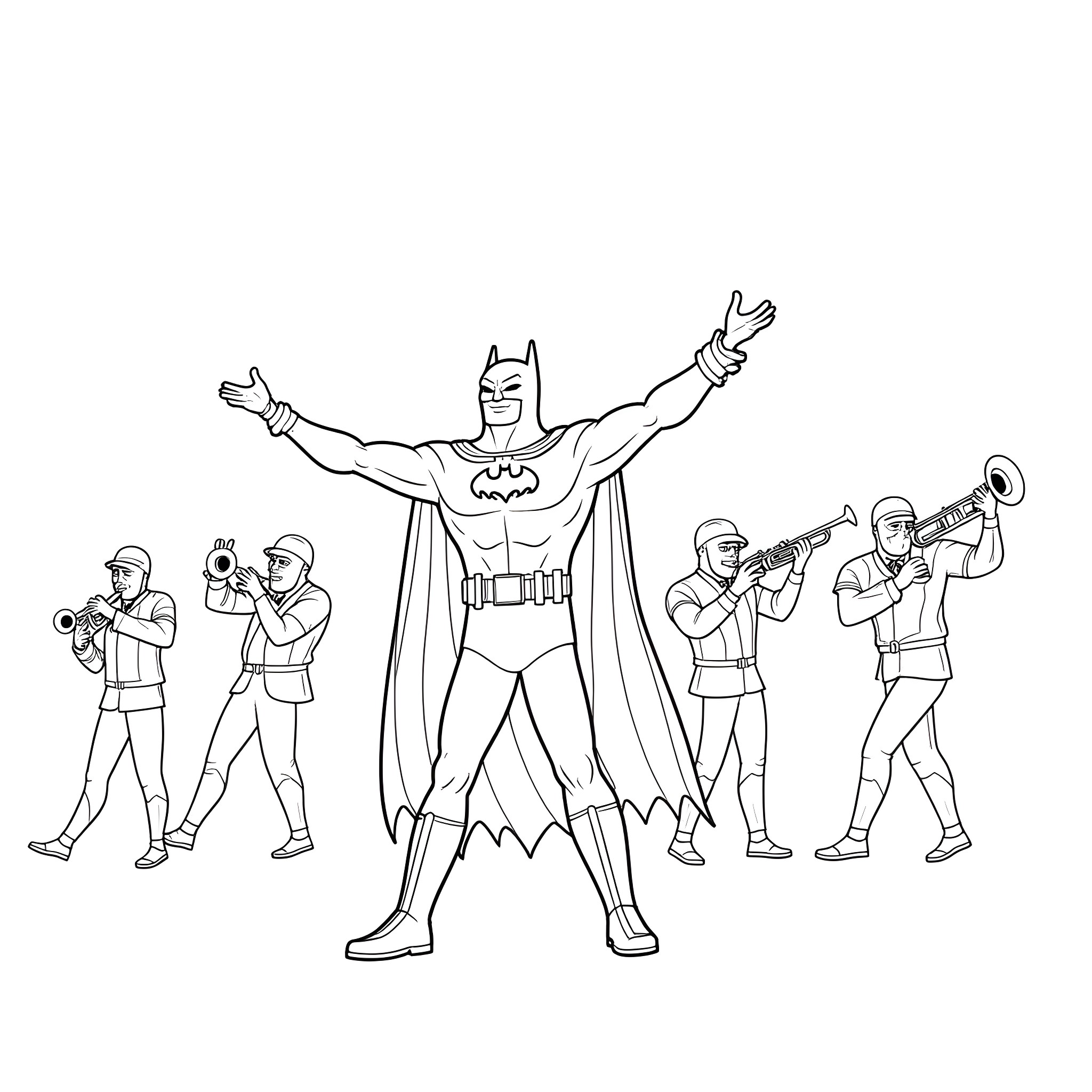 Batman leading a team of costumed heroes Coloring Page (free black-and-white line drawing printable PDF for all, from beginners to advanced learners, including children, teens, adults, and seniors)