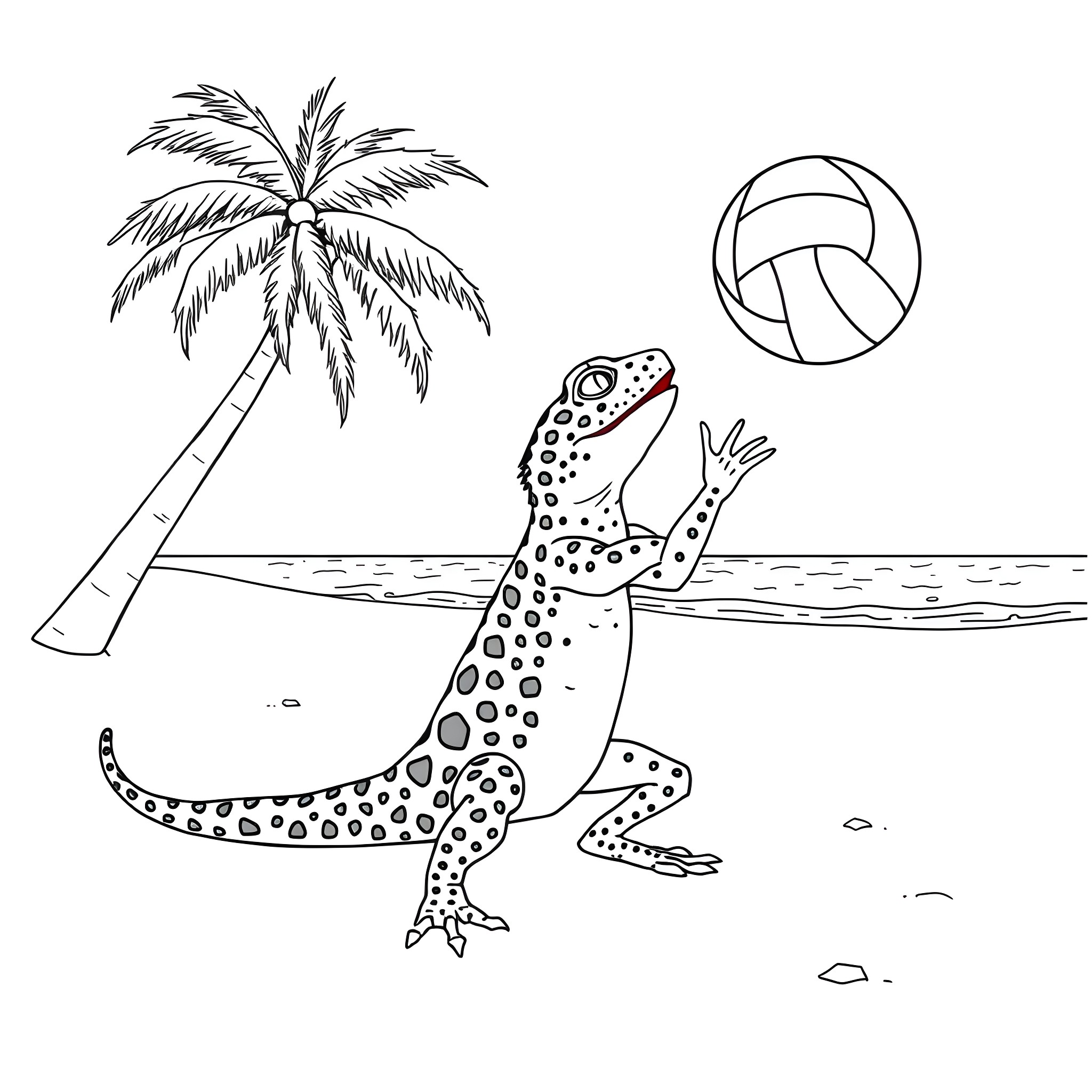 Leopard Gecko enjoying the beach scene Coloring Page (free black-and-white line drawing printable PDF for all, from beginners to advanced learners, including children, teens, adults, and seniors)