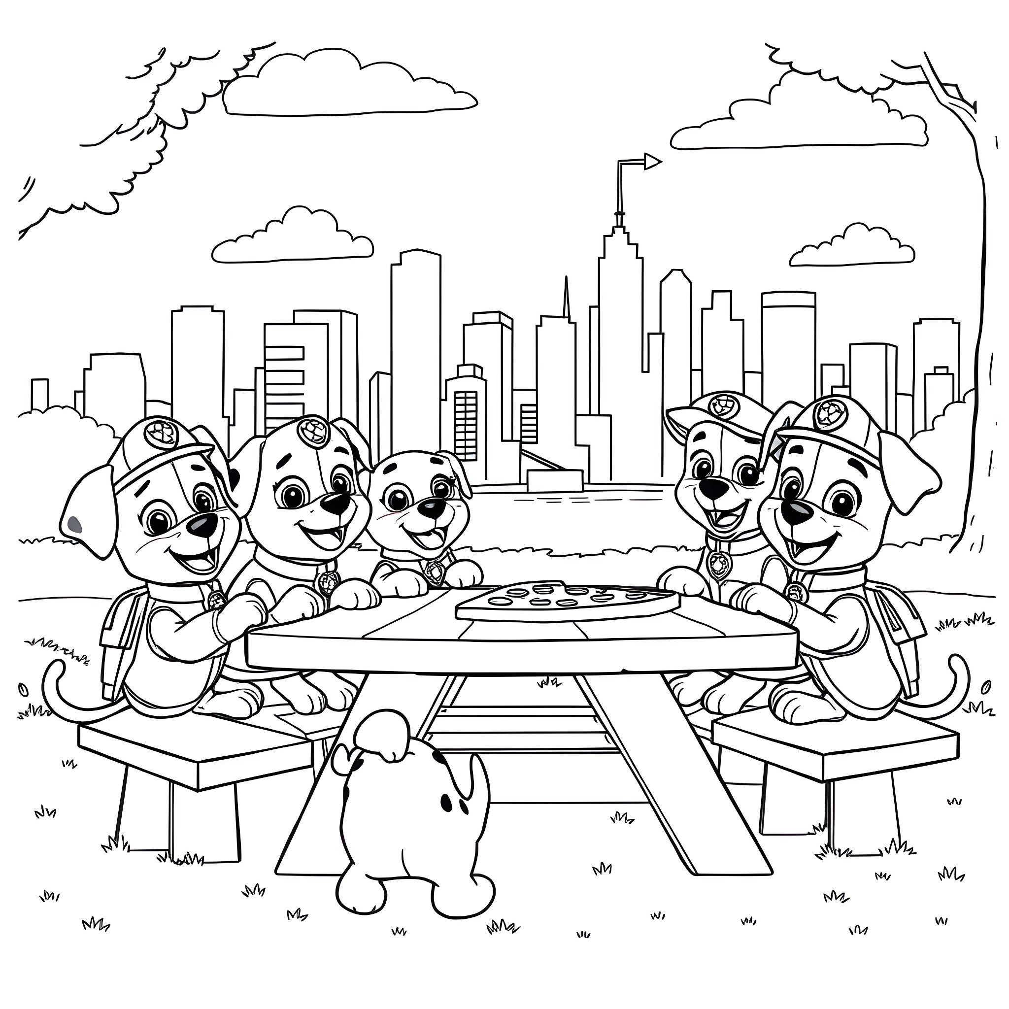 Paw Patrol enjoying a picnic in the city Coloring Page (free black-and-white line drawing printable PDF for all, from beginners to advanced learners, including children, teens, adults, and seniors)