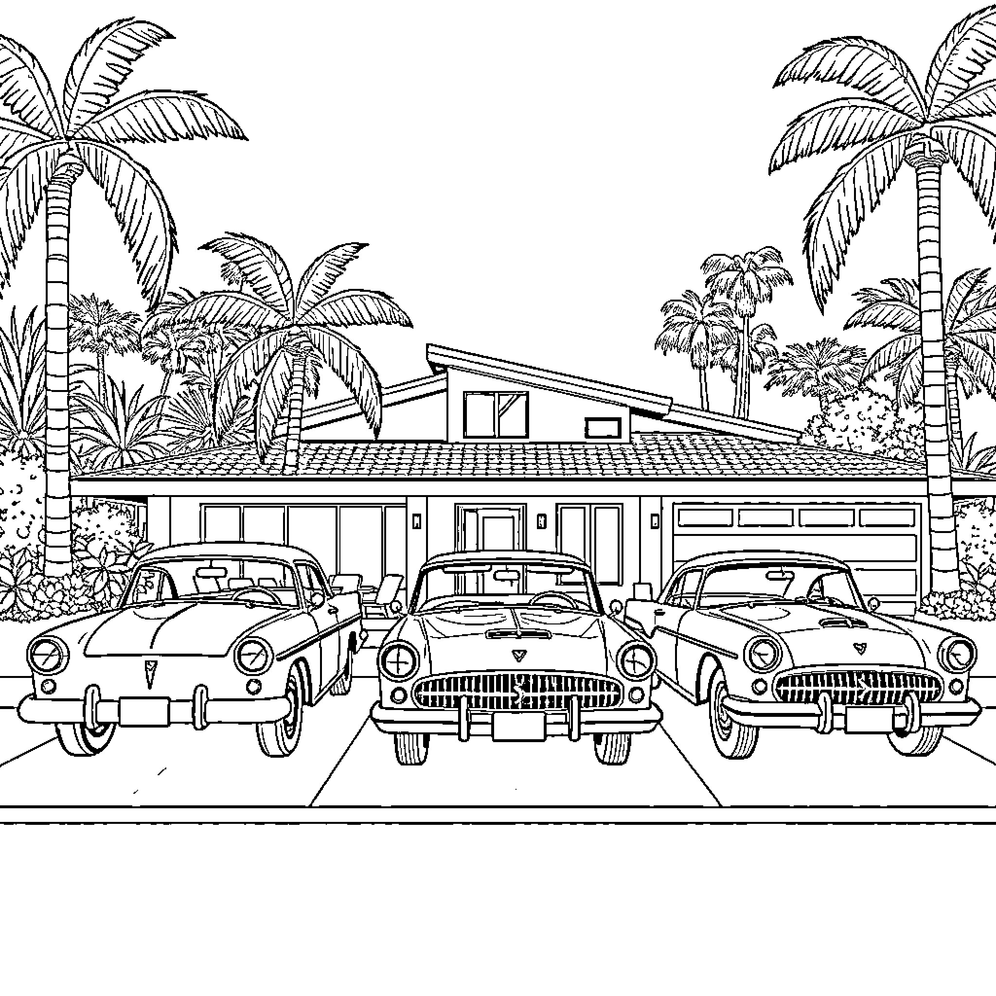 Car Collection in Tropical Landscape Coloring Page (free black-and-white line drawing printable PDF for all, from beginners to advanced learners, including children, teens, adults, and seniors)