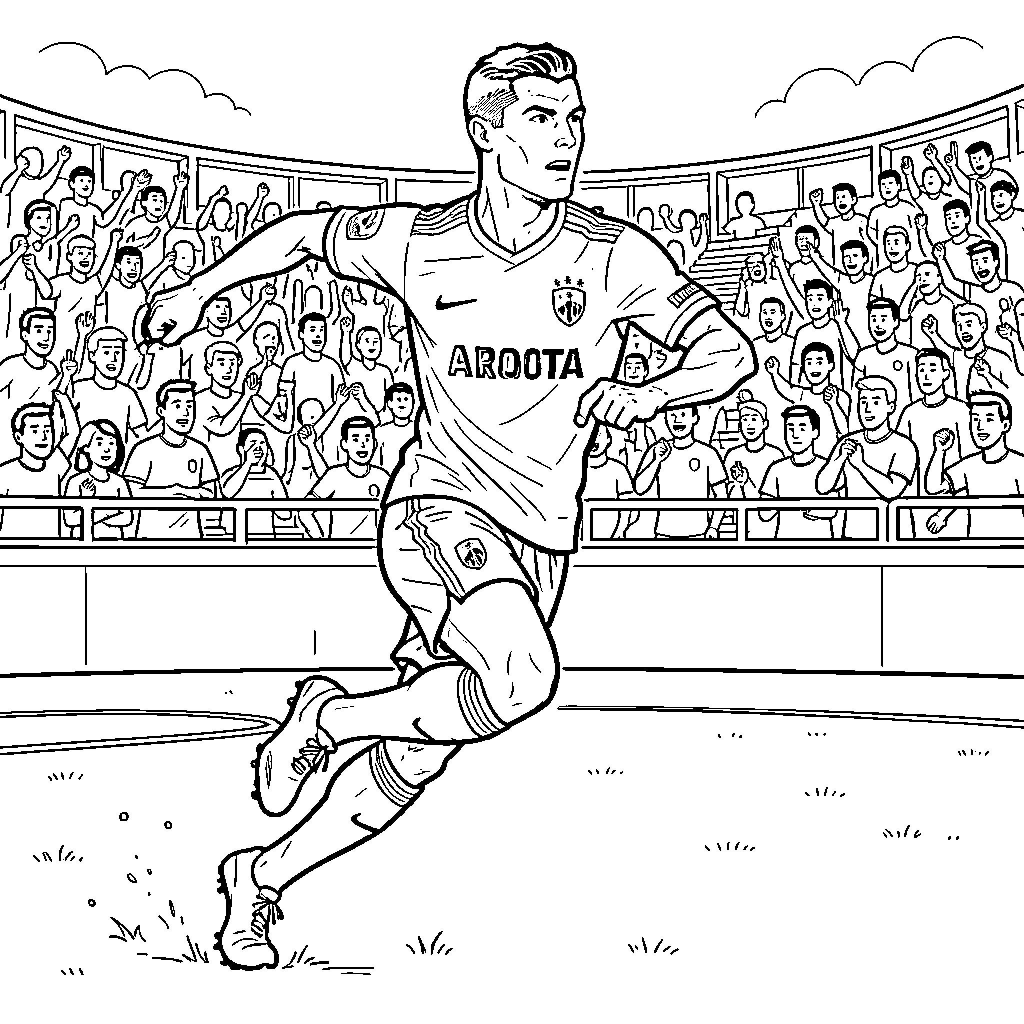 Cristiano Ronaldo running on a football field during a match Coloring Page (free black-and-white line drawing printable PDF for all, from beginners to advanced learners, including children, teens, adults, and seniors)