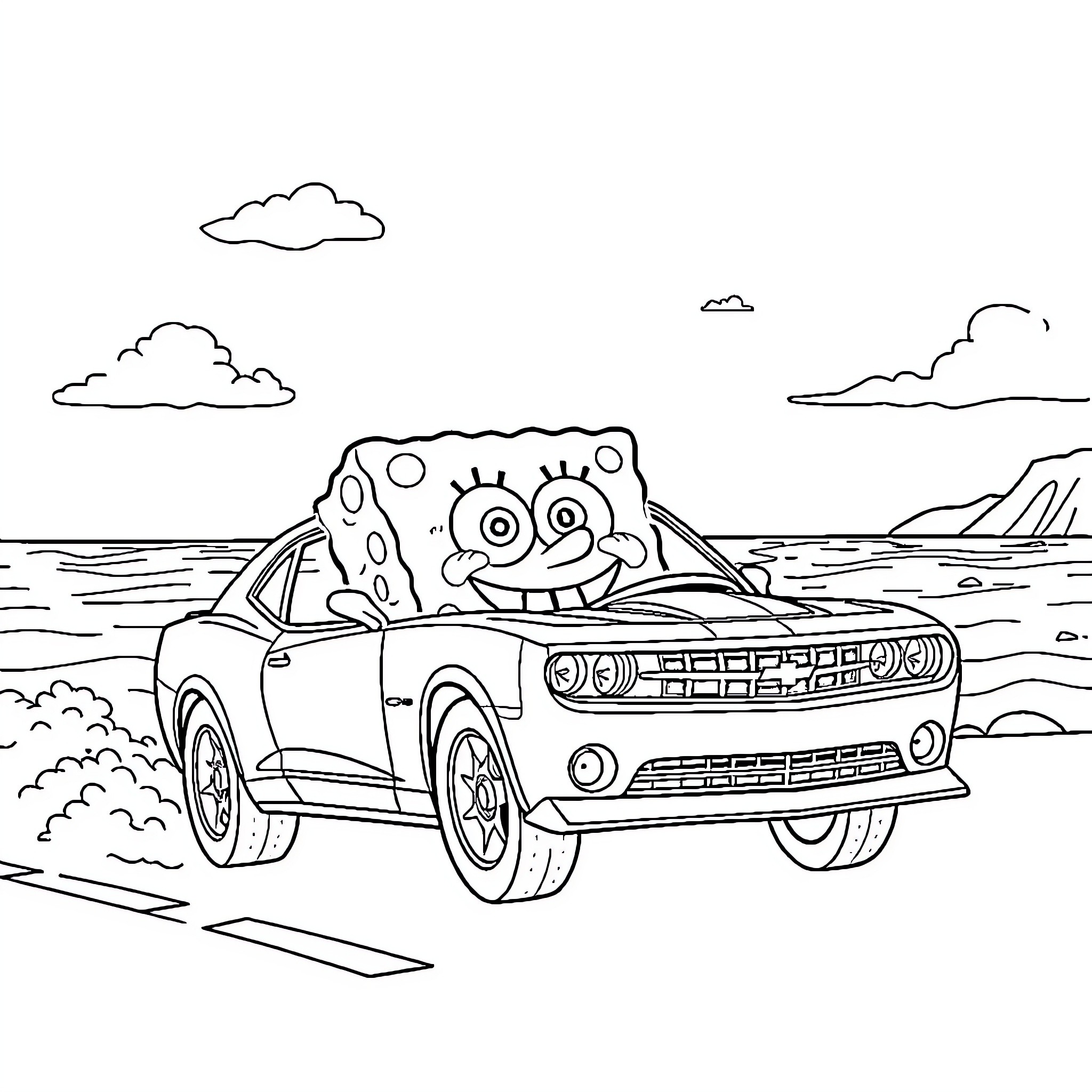 Spongebob riding a car on the beach Coloring Page (free black-and-white line drawing printable PDF for all, from beginners to advanced learners, including children, teens, adults, and seniors)