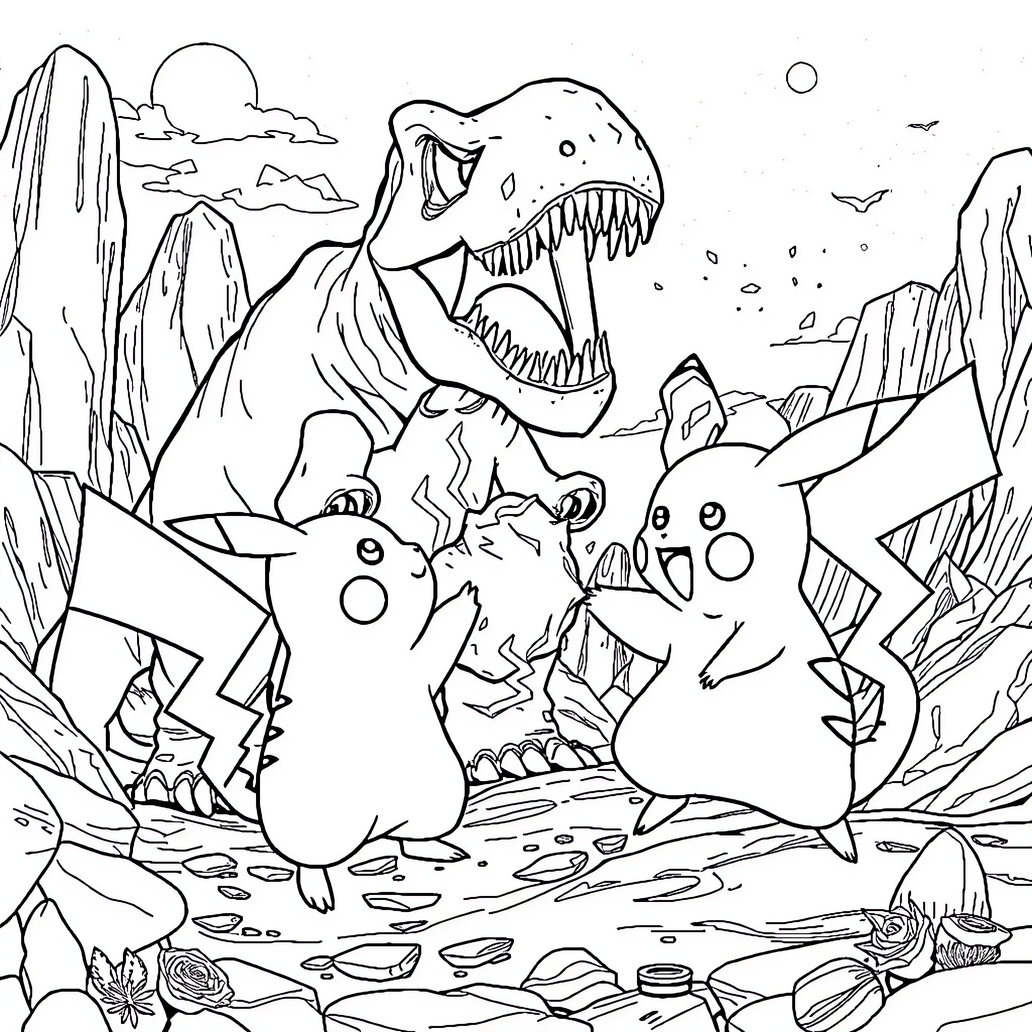 Pikachu Facing a Fierce Tyrannosaurus Rex Coloring Page (free black-and-white line drawing printable PDF for all, from beginners to advanced learners, including children, teens, adults, and seniors)