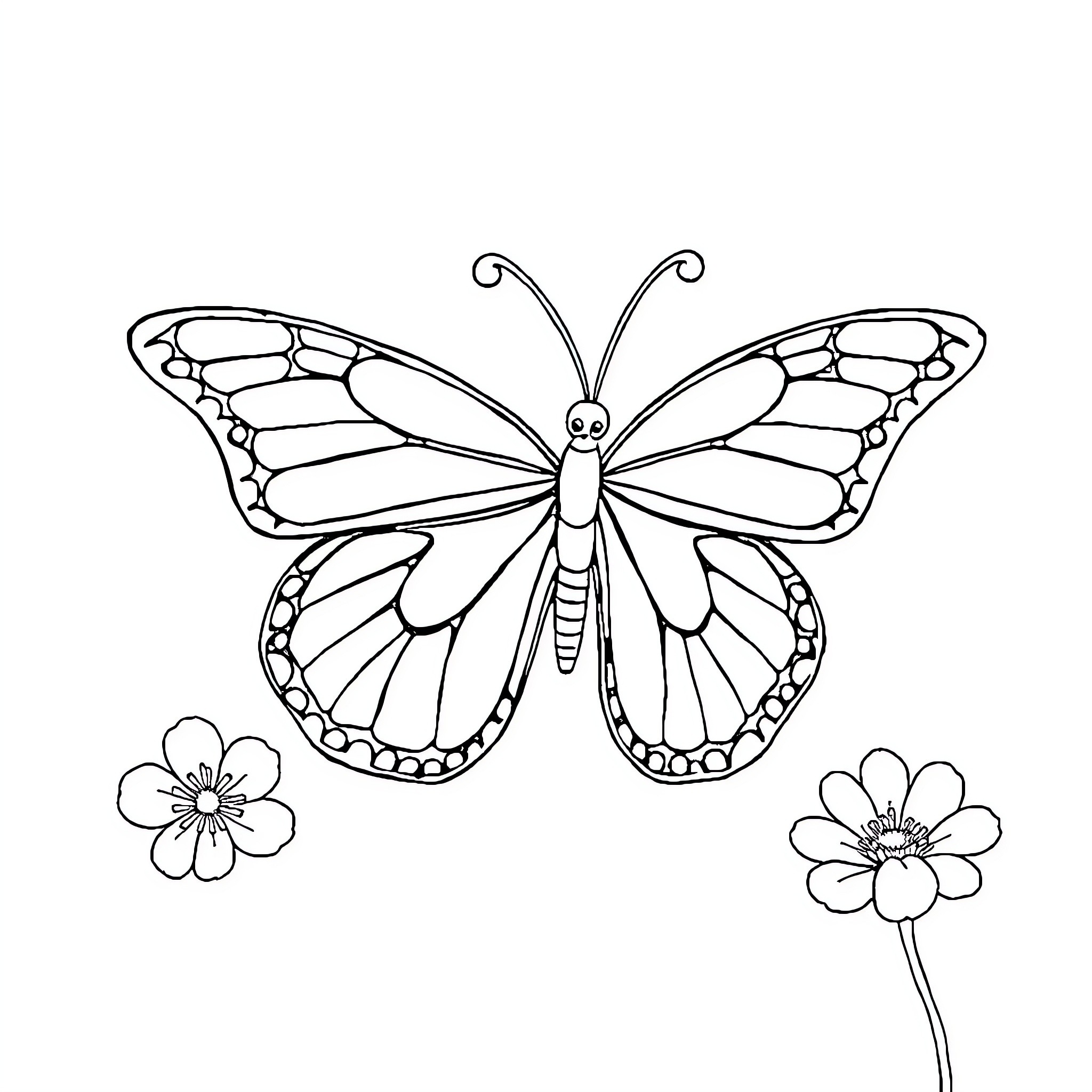 Butterfly flying with flowers Coloring Page (free black-and-white line drawing printable PDF for all, from beginners to advanced learners, including children, teens, adults, and seniors)