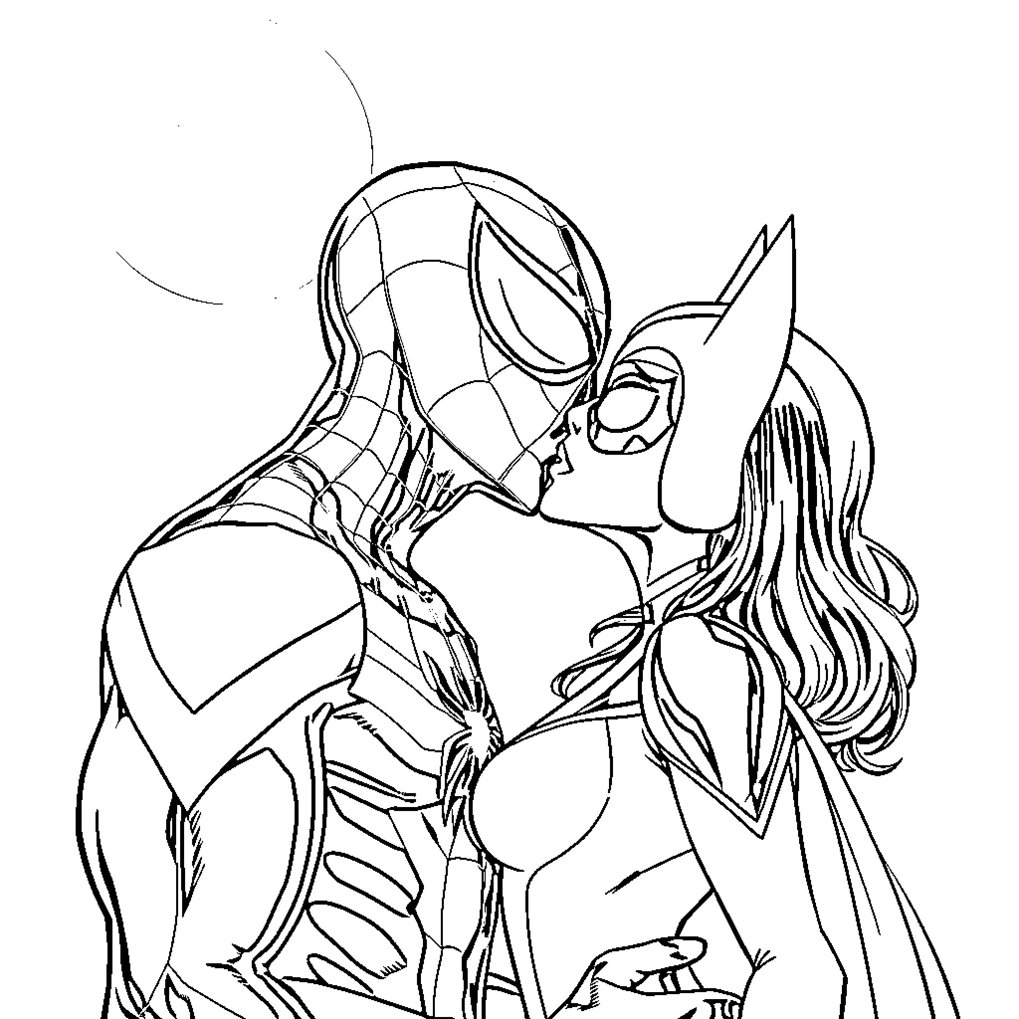 Spiderman embracing female companion Coloring Page (free black-and-white line drawing printable PDF for all, from beginners to advanced learners, including children, teens, adults, and seniors)