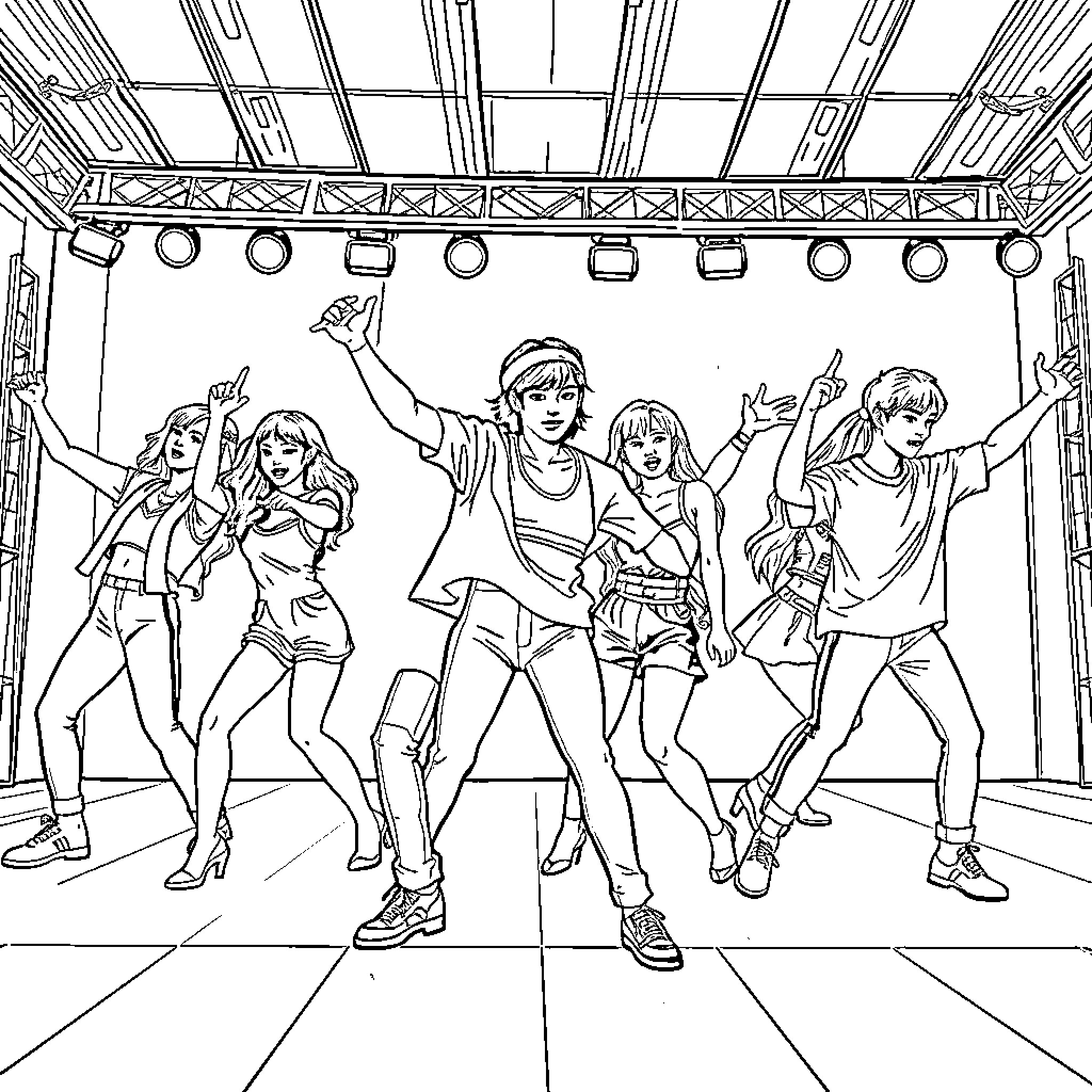 Kpop band performing energetic dance moves on stage Coloring Page (free black-and-white line drawing printable PDF for all, from beginners to advanced learners, including children, teens, adults, and seniors)