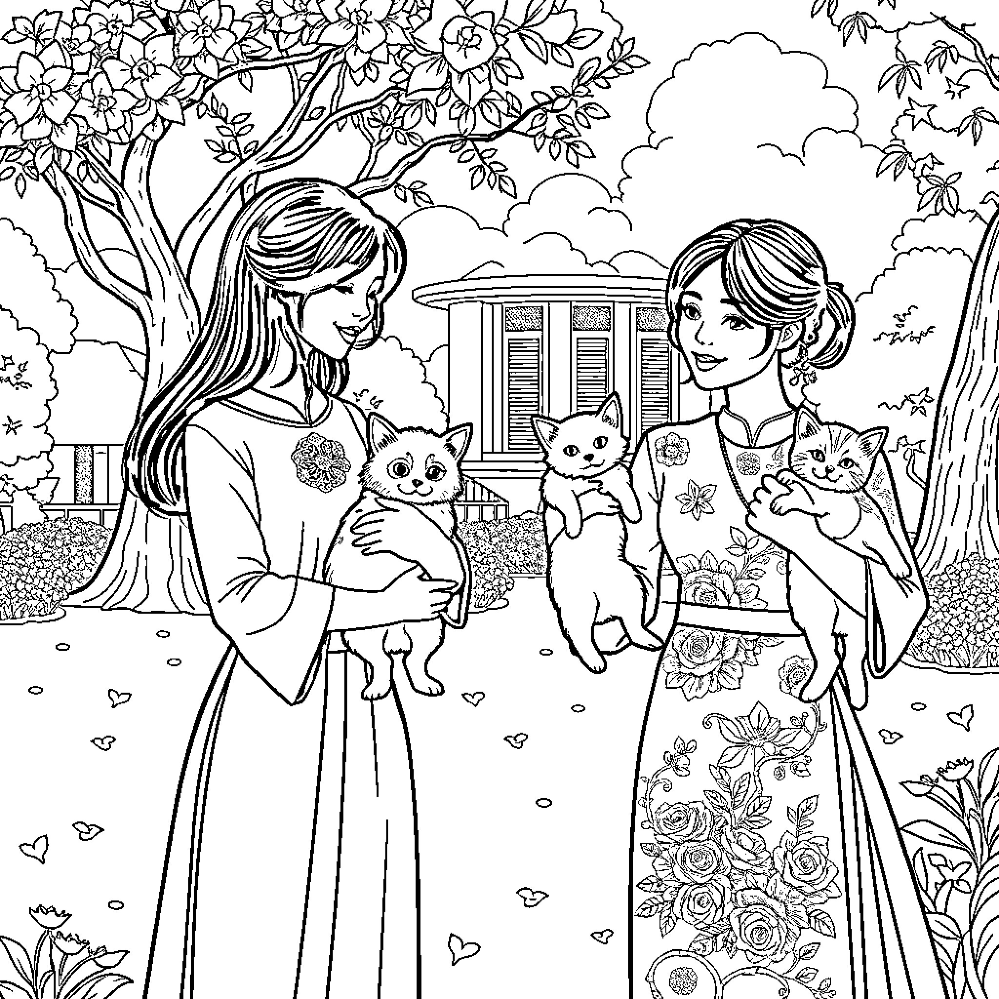 Woman and friends enjoy spring garden with cats Coloring Page (free black-and-white line drawing printable PDF for all, from beginners to advanced learners, including children, teens, adults, and seniors)