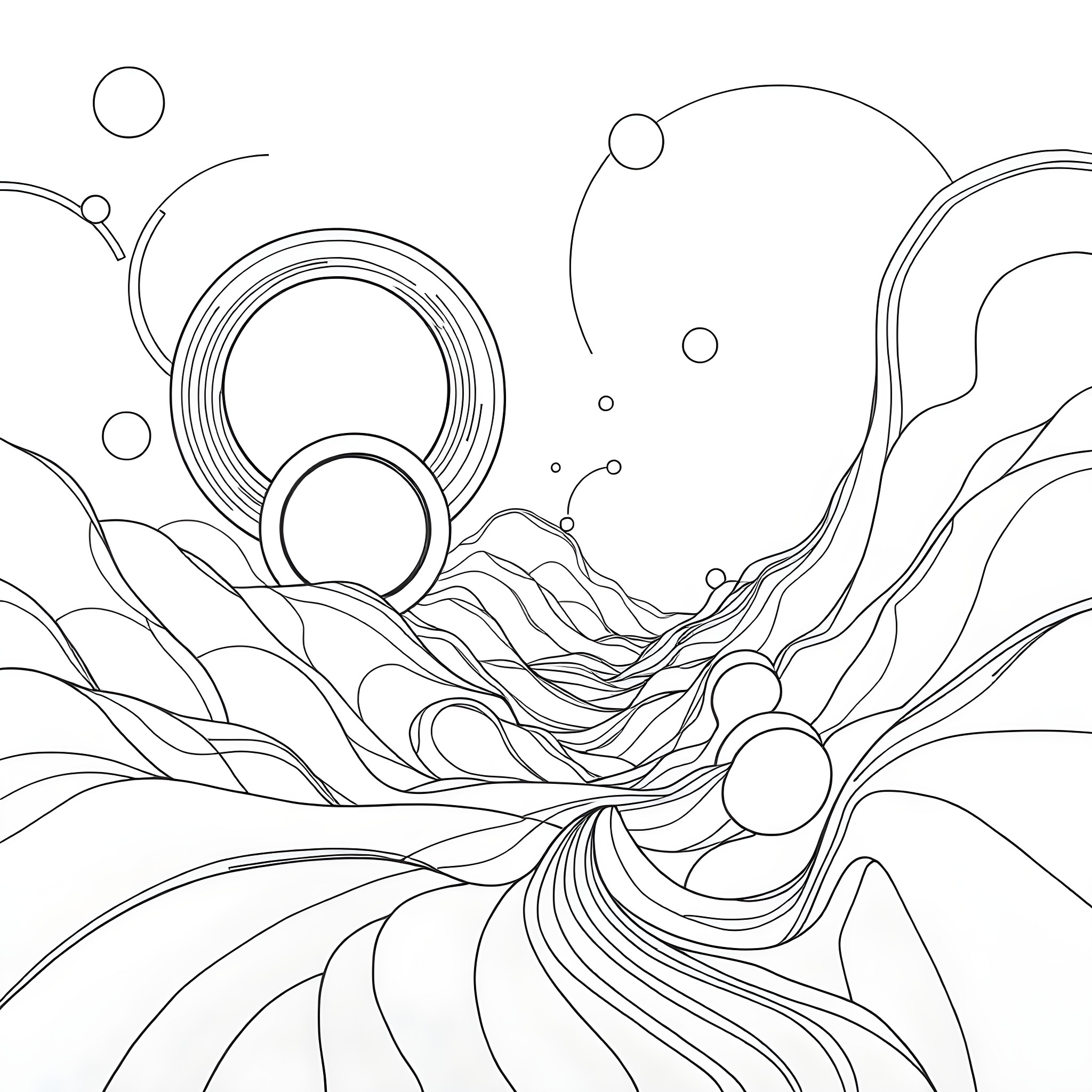 Pattern of abstract waves and circles Coloring Page (free black-and-white line drawing printable PDF for all, from beginners to advanced learners, including children, teens, adults, and seniors)