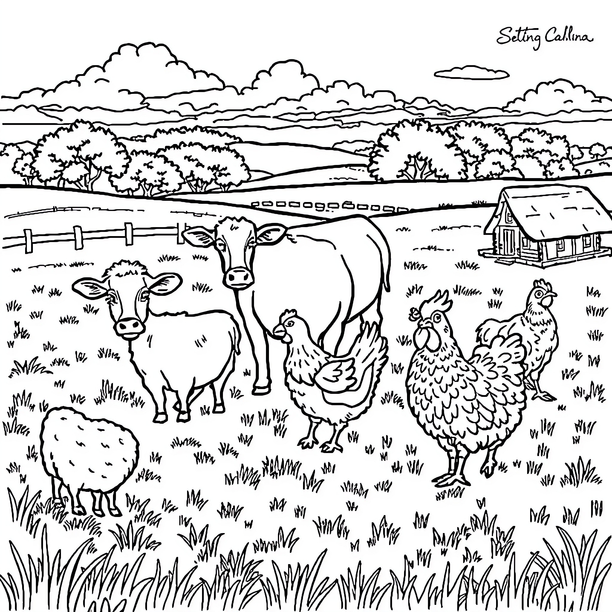 Farm Animal Peaceful Farmyard Scene with Cows and Chickens Coloring Page (free black-and-white line drawing printable PDF for all, from beginners to advanced learners, including children, teens, adults, and seniors)