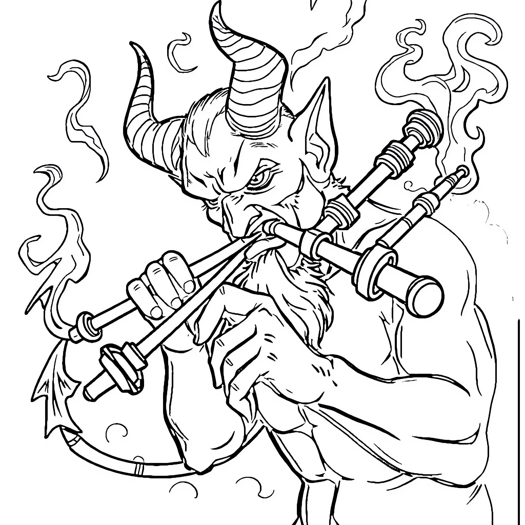 Devil Warrior Wielding Powerful Weapons in Battle Coloring Page (free black-and-white line drawing printable PDF for all, from beginners to advanced learners, including children, teens, adults, and seniors)