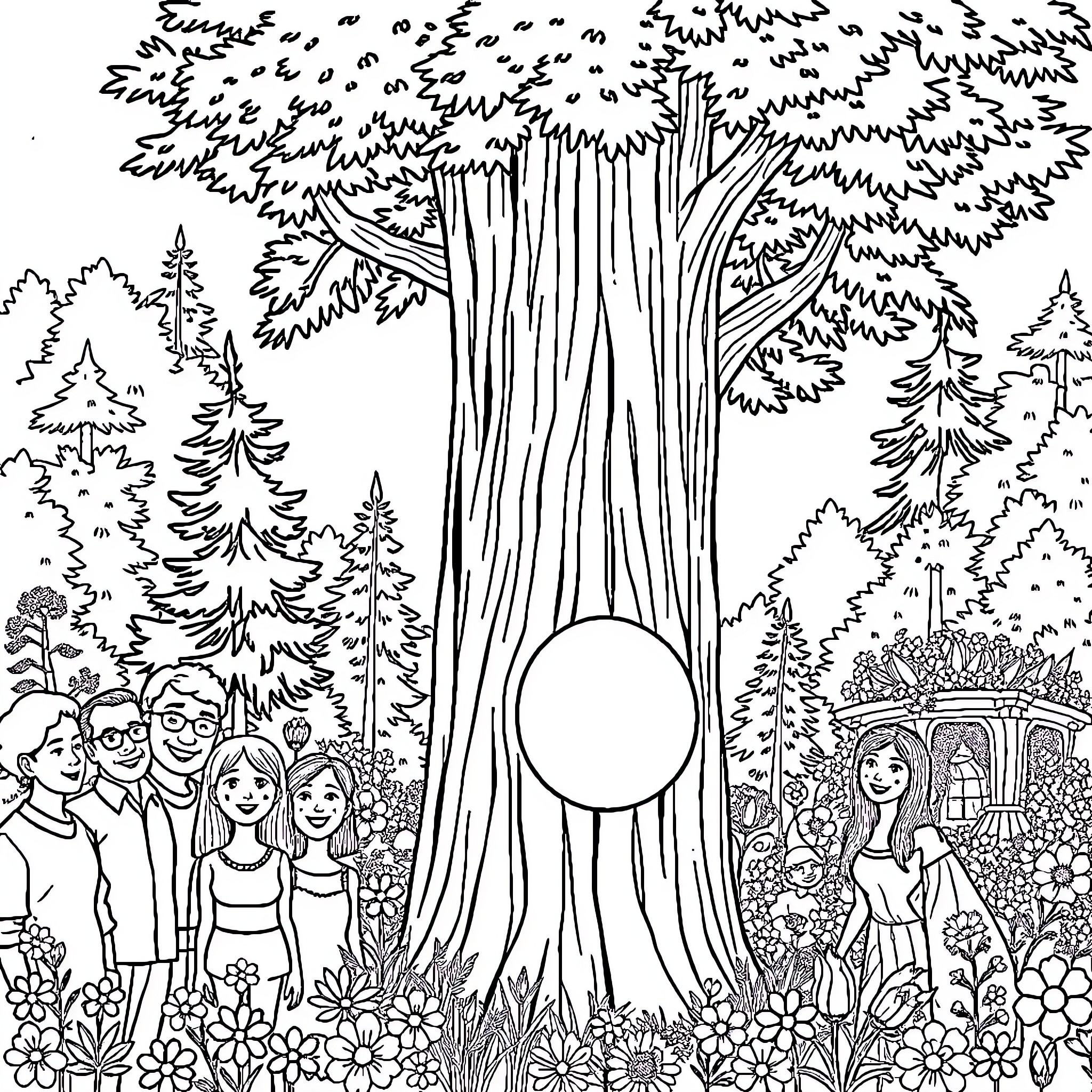 Sequoia Forest Filled with Family and Friends Coloring Page (free black-and-white line drawing printable PDF for all, from beginners to advanced learners, including children, teens, adults, and seniors)