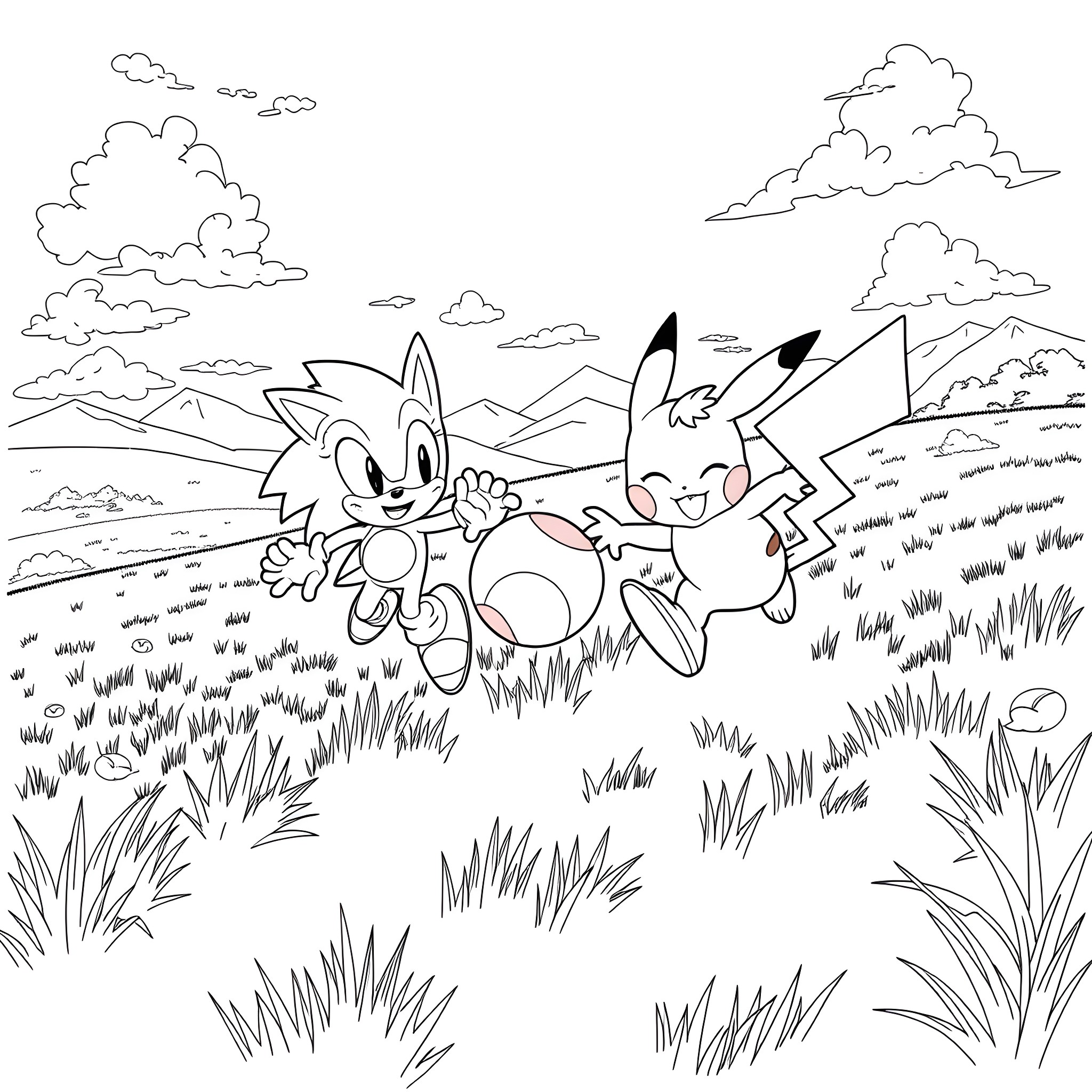 Sonic and Pikachu in a Grassy Outdoor Scene Coloring Page (free black-and-white line drawing printable PDF for all, from beginners to advanced learners, including children, teens, adults, and seniors)