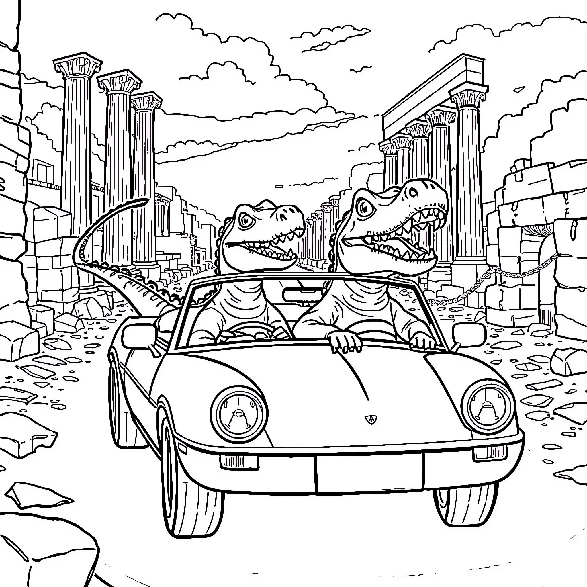 Dinosaurs driving a vintage car through ruins Coloring Page (free black-and-white line drawing printable PDF for all, from beginners to advanced learners, including children, teens, adults, and seniors)