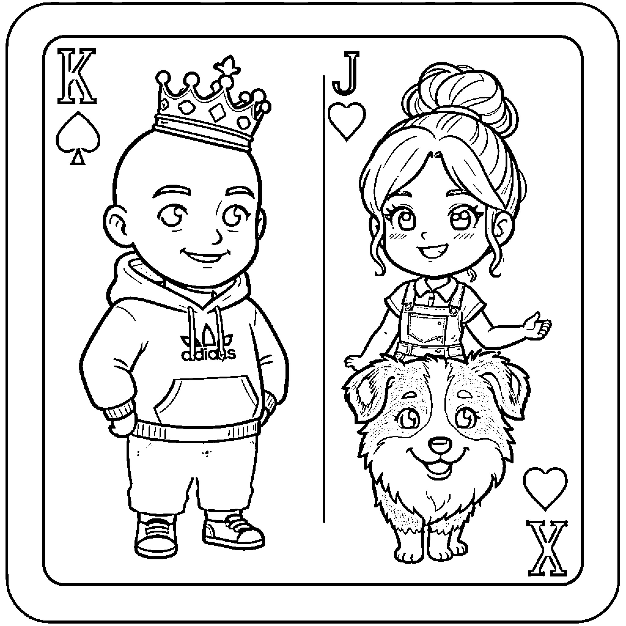 Heart Card Characters in Casual Outfits Coloring Page (free black-and-white line drawing printable PDF for all, from beginners to advanced learners, including children, teens, adults, and seniors)