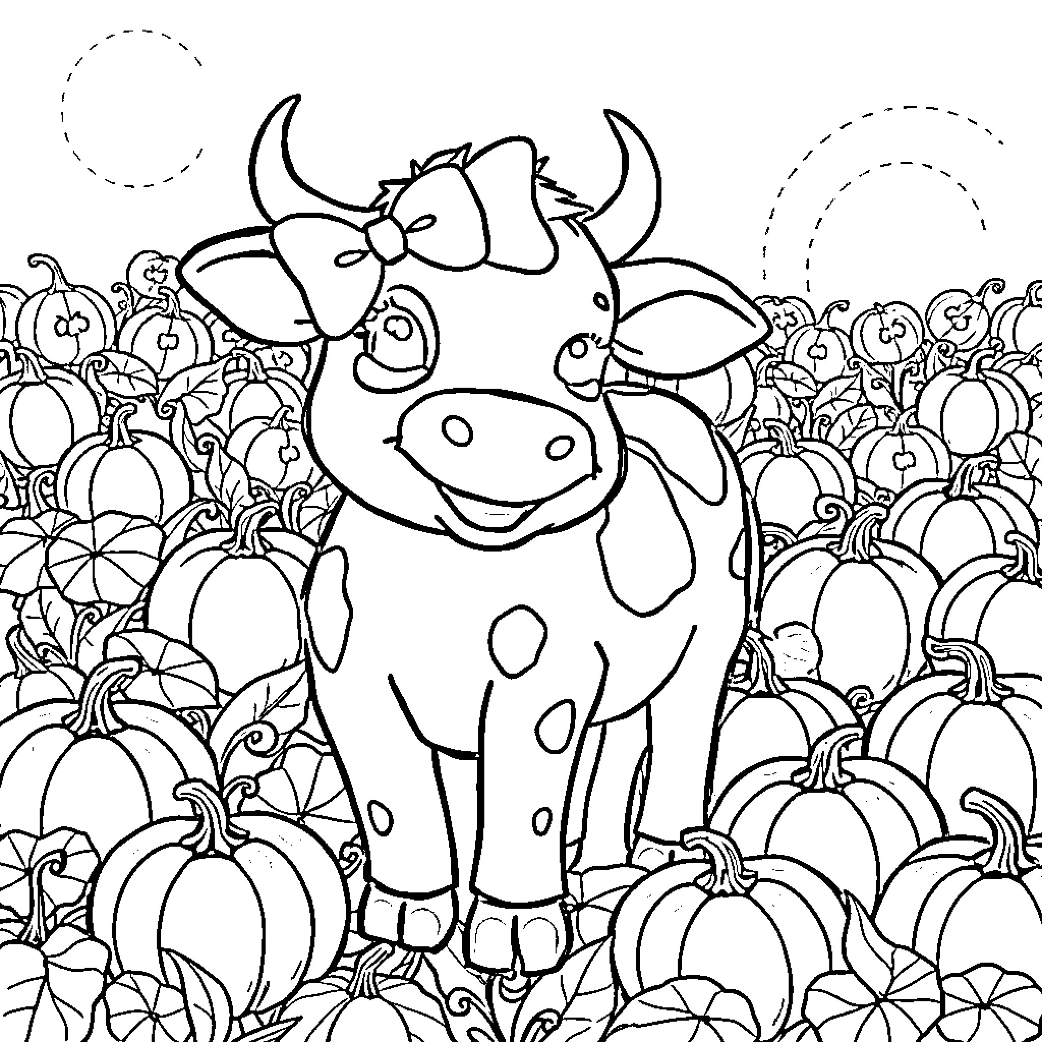 Cow enjoying the pumpkin patch Coloring Page (free black-and-white line drawing printable PDF for all, from beginners to advanced learners, including children, teens, adults, and seniors)