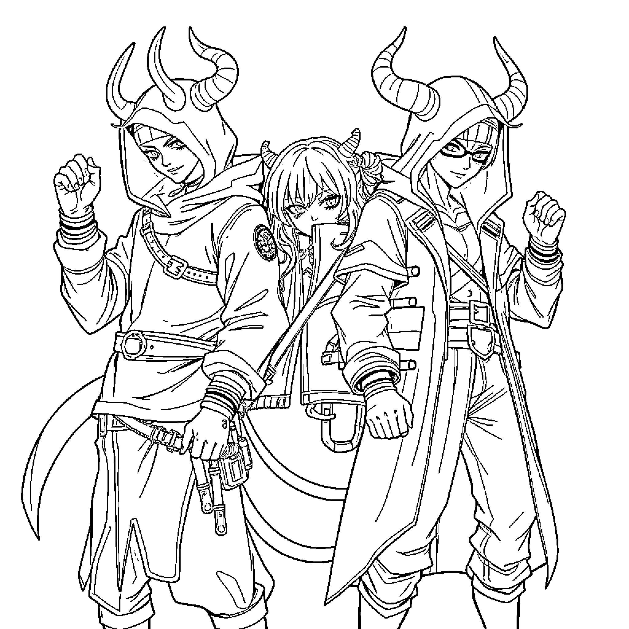 Rumi's Warrior Companions in Battle Gear Coloring Page (free black-and-white line drawing printable PDF for all, from beginners to advanced learners, including children, teens, adults, and seniors)