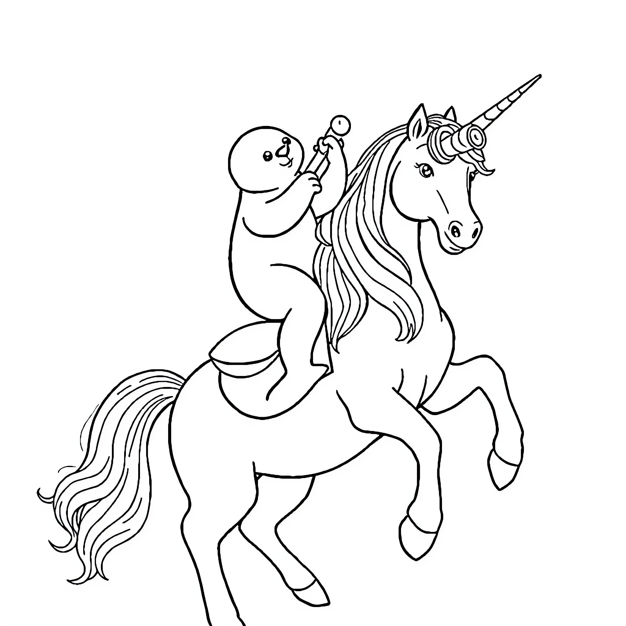 Seal riding a magical unicorn Coloring Page (free black-and-white line drawing printable PDF for all, from beginners to advanced learners, including children, teens, adults, and seniors)