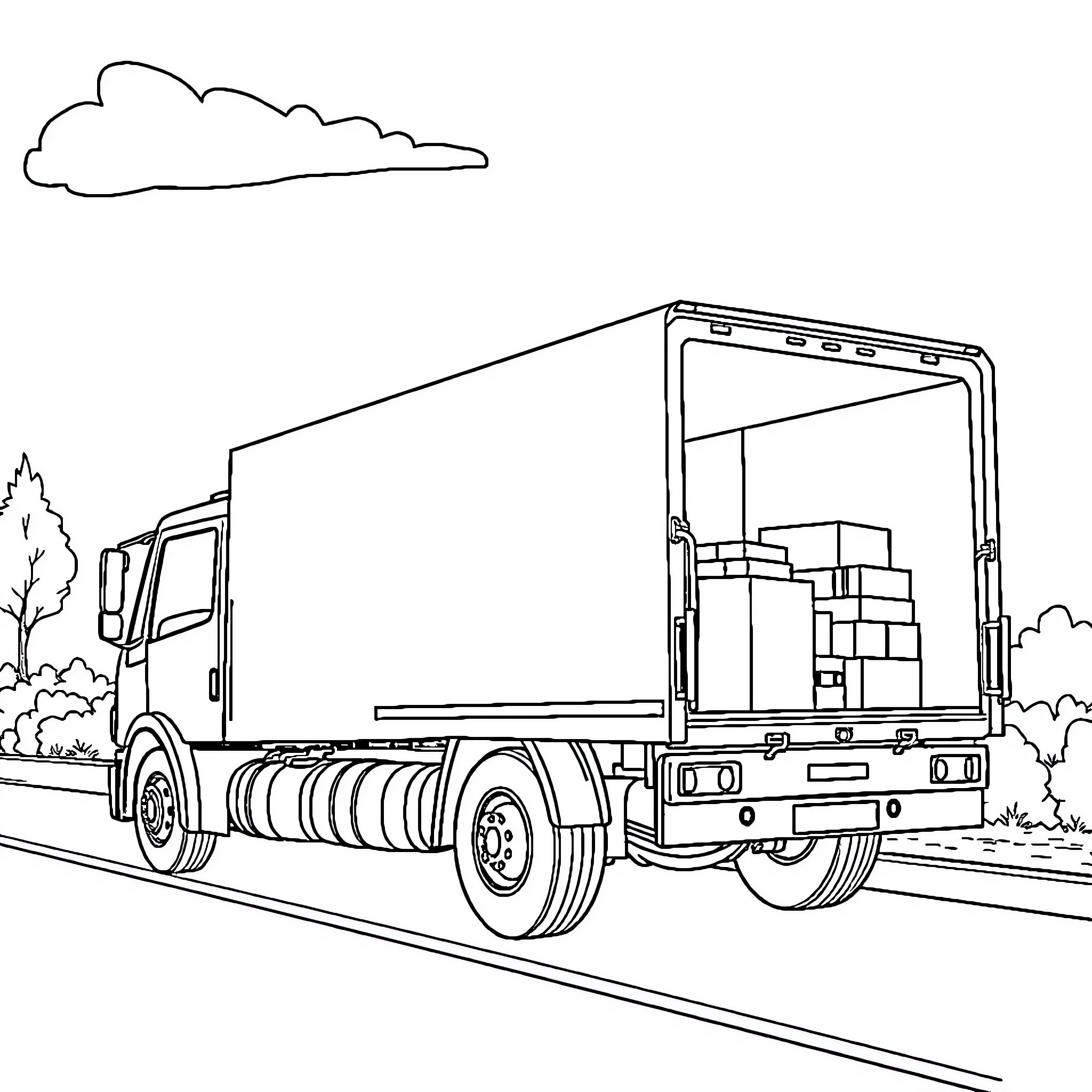 Delivery Truck transporting Cargo on Road Coloring Page (free black-and-white line drawing printable PDF for all, from beginners to advanced learners, including children, teens, adults, and seniors)