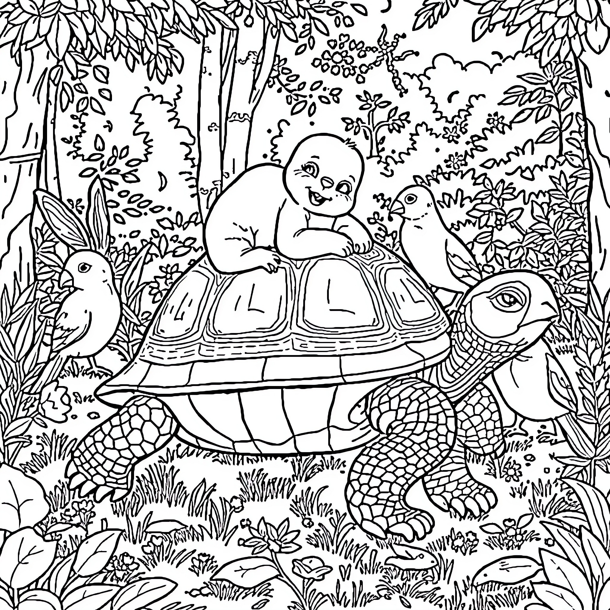 Turtle-shaped land creature in lush forest landscape Coloring Page (free black-and-white line drawing printable PDF for all, from beginners to advanced learners, including children, teens, adults, and seniors)