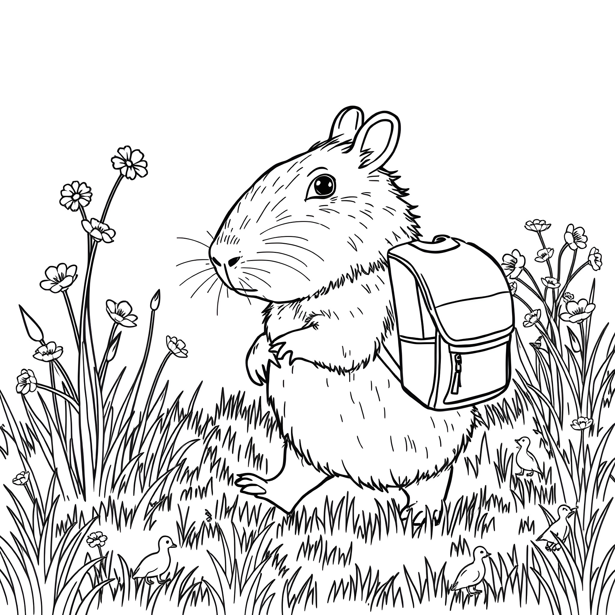 Capybara exploring the flowery meadow Coloring Page (free black-and-white line drawing printable PDF for all, from beginners to advanced learners, including children, teens, adults, and seniors)