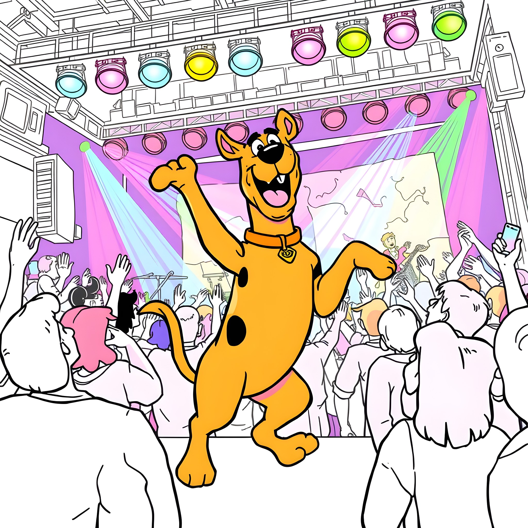 Scooby Doo performing on stage with crowd Coloring Page (free black-and-white line drawing printable PDF for all, from beginners to advanced learners, including children, teens, adults, and seniors)