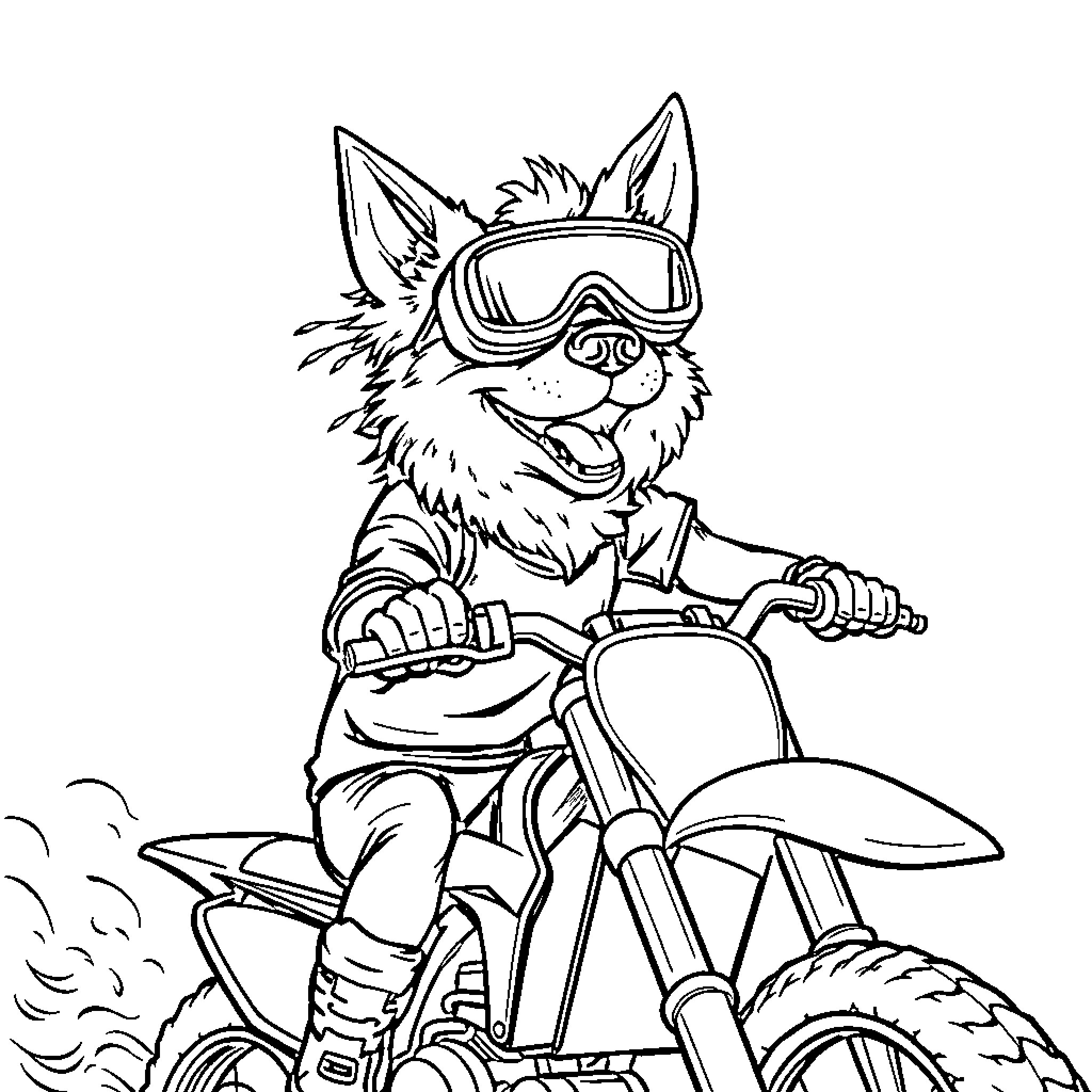 Dog riding motorcycle on dirt track Coloring Page (free black-and-white line drawing printable PDF for all, from beginners to advanced learners, including children, teens, adults, and seniors)