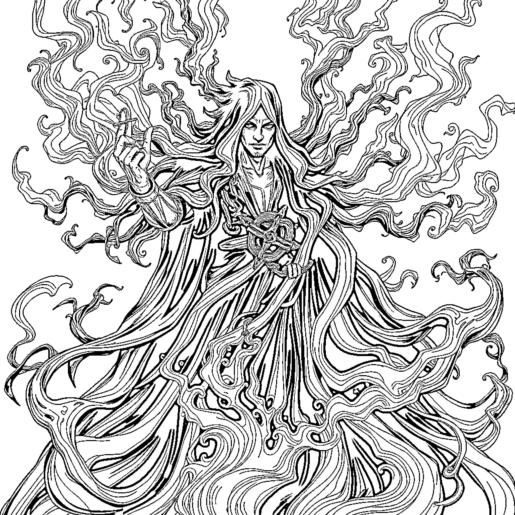 Navitus: Ethereal Enchantress in Flowing Robes Coloring Page (free black-and-white line drawing printable PDF for all, from beginners to advanced learners, including children, teens, adults, and seniors)
