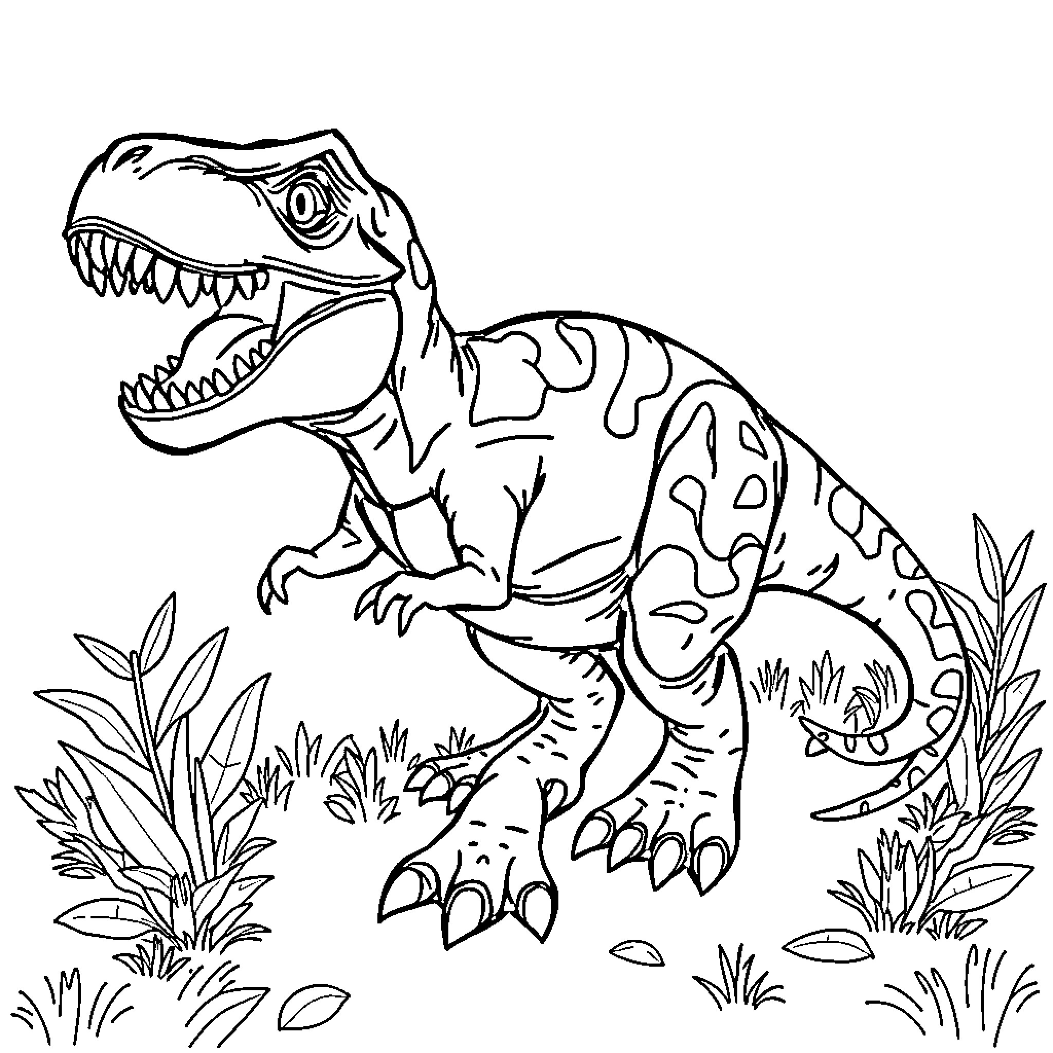 T-Rex roaring in a lush jungle setting Coloring Page (free black-and-white line drawing printable PDF for all, from beginners to advanced learners, including children, teens, adults, and seniors)