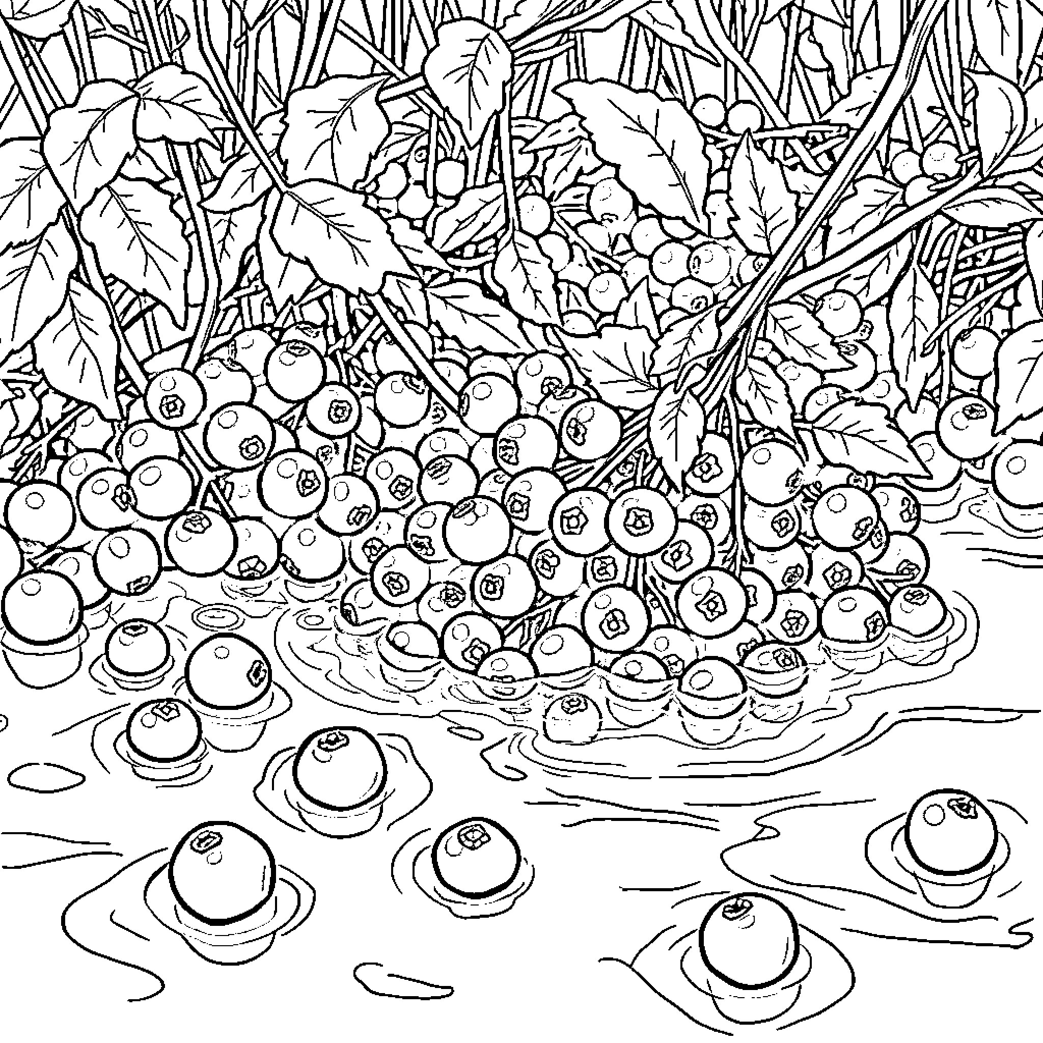 Cranberry Bountiful Harvest in Nature's Embrace Coloring Page (free black-and-white line drawing printable PDF for all, from beginners to advanced learners, including children, teens, adults, and seniors)