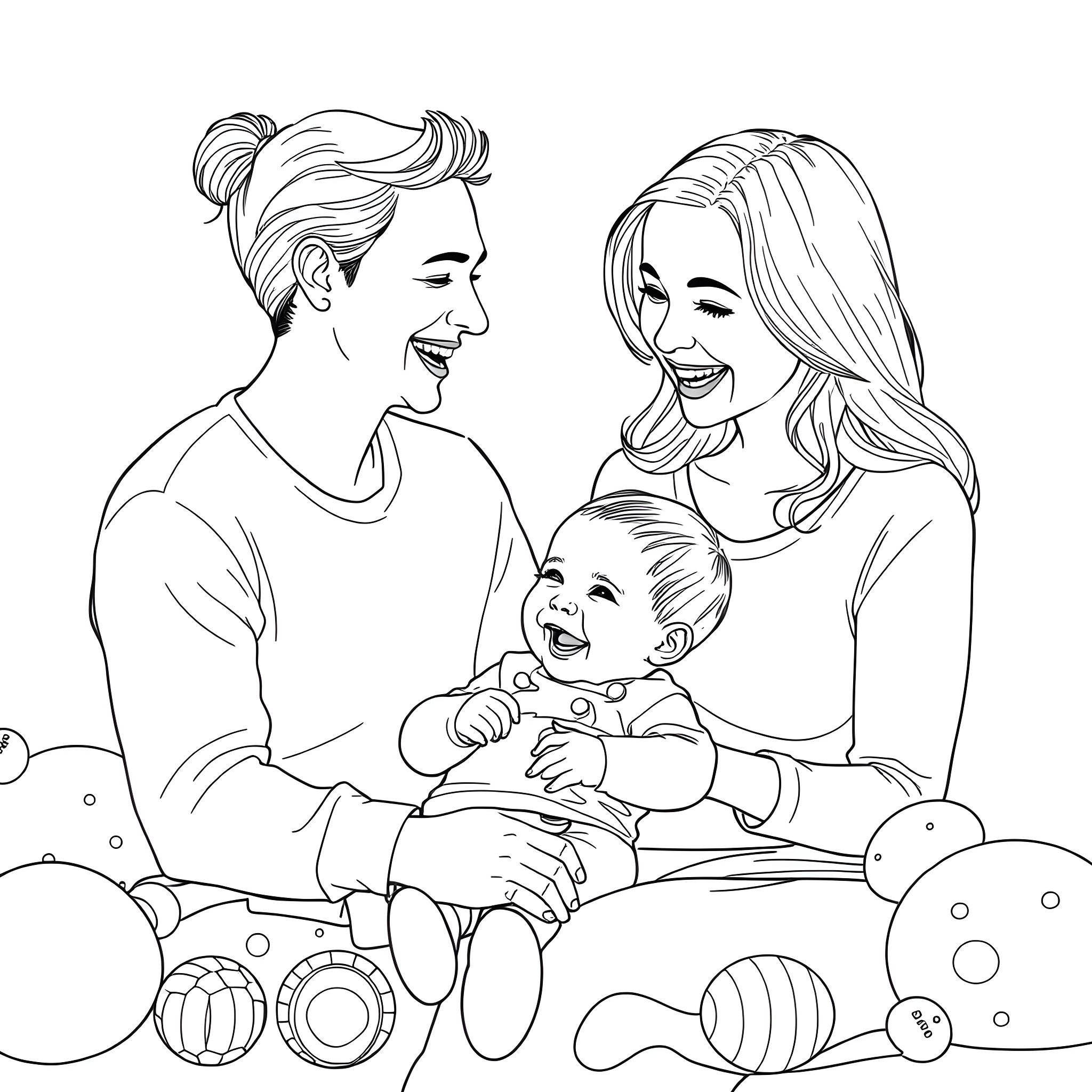 Toddler playing happily with parents Coloring Page (free black-and-white line drawing printable PDF for all, from beginners to advanced learners, including children, teens, adults, and seniors)