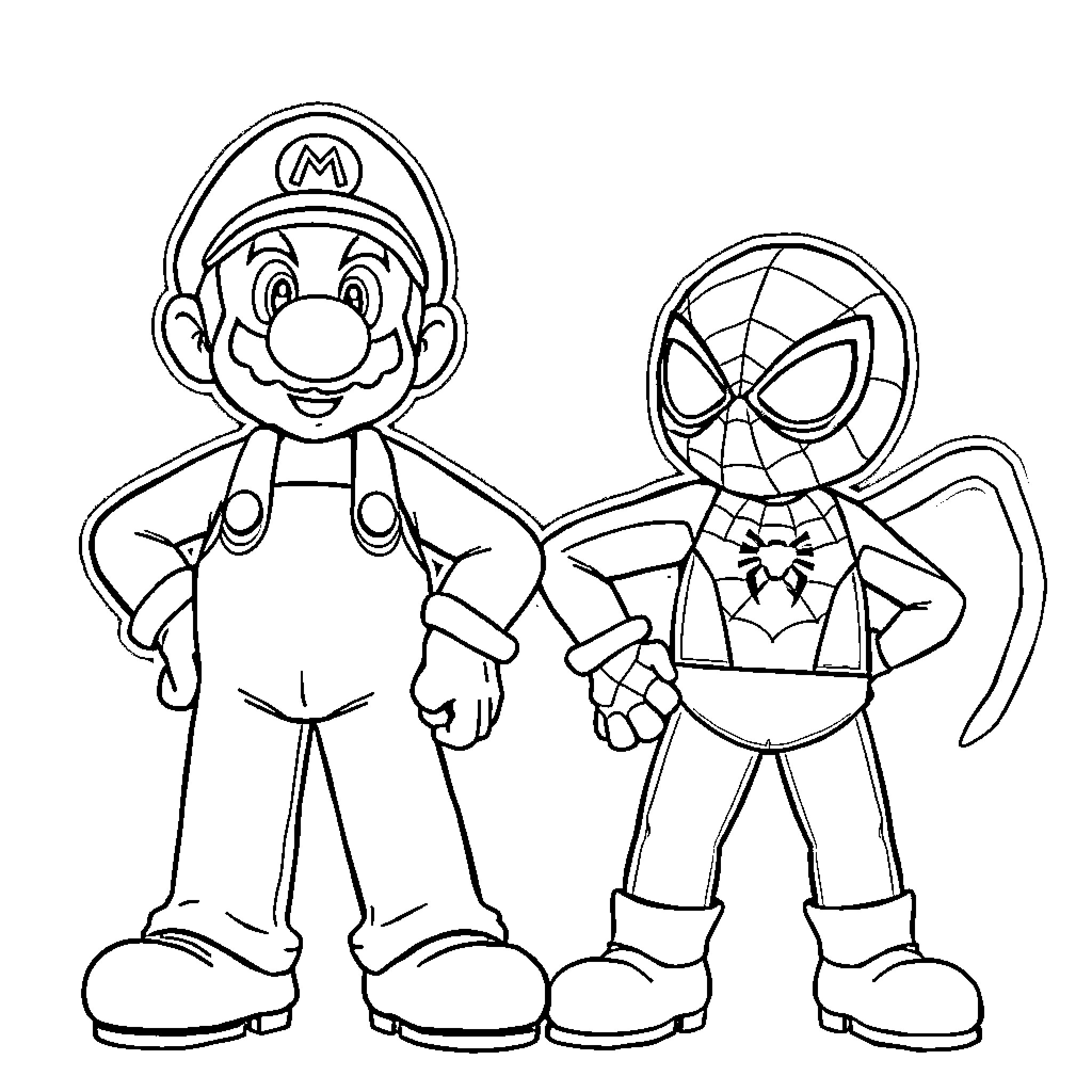 Mario and Spider-Man: Iconic Gaming Characters in Friendly Encounter Coloring Page (free black-and-white line drawing printable PDF for all, from beginners to advanced learners, including children, teens, adults, and seniors)