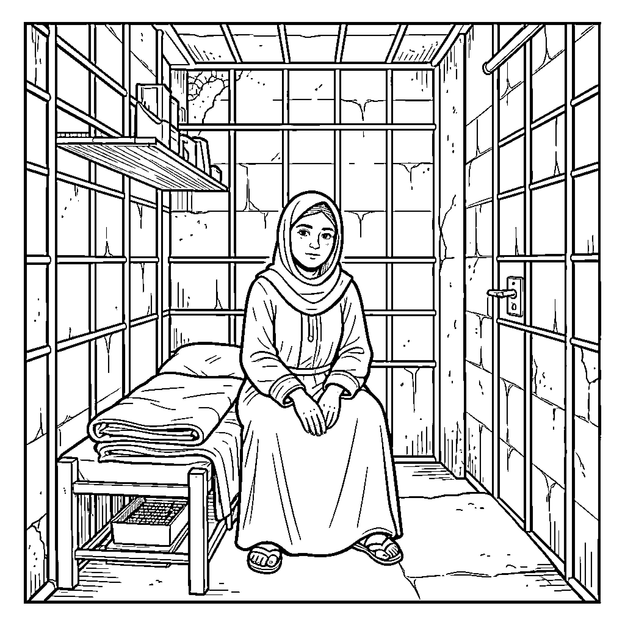 Sakina sitting calmly in a simple room Coloring Page (free black-and-white line drawing printable PDF for all, from beginners to advanced learners, including children, teens, adults, and seniors)