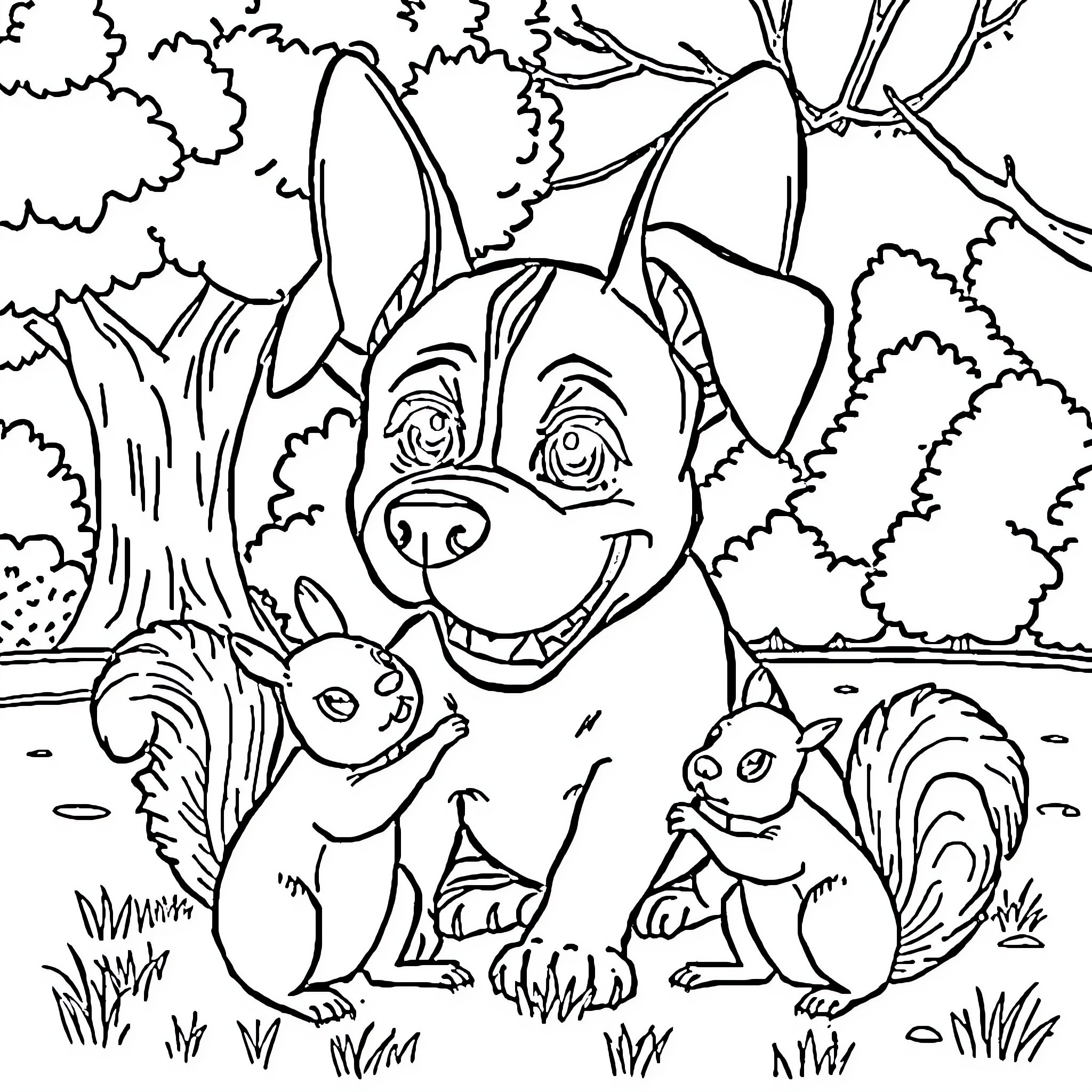 Pit Bull playing with squirrels in the forest Coloring Page (free black-and-white line drawing printable PDF for all, from beginners to advanced learners, including children, teens, adults, and seniors)