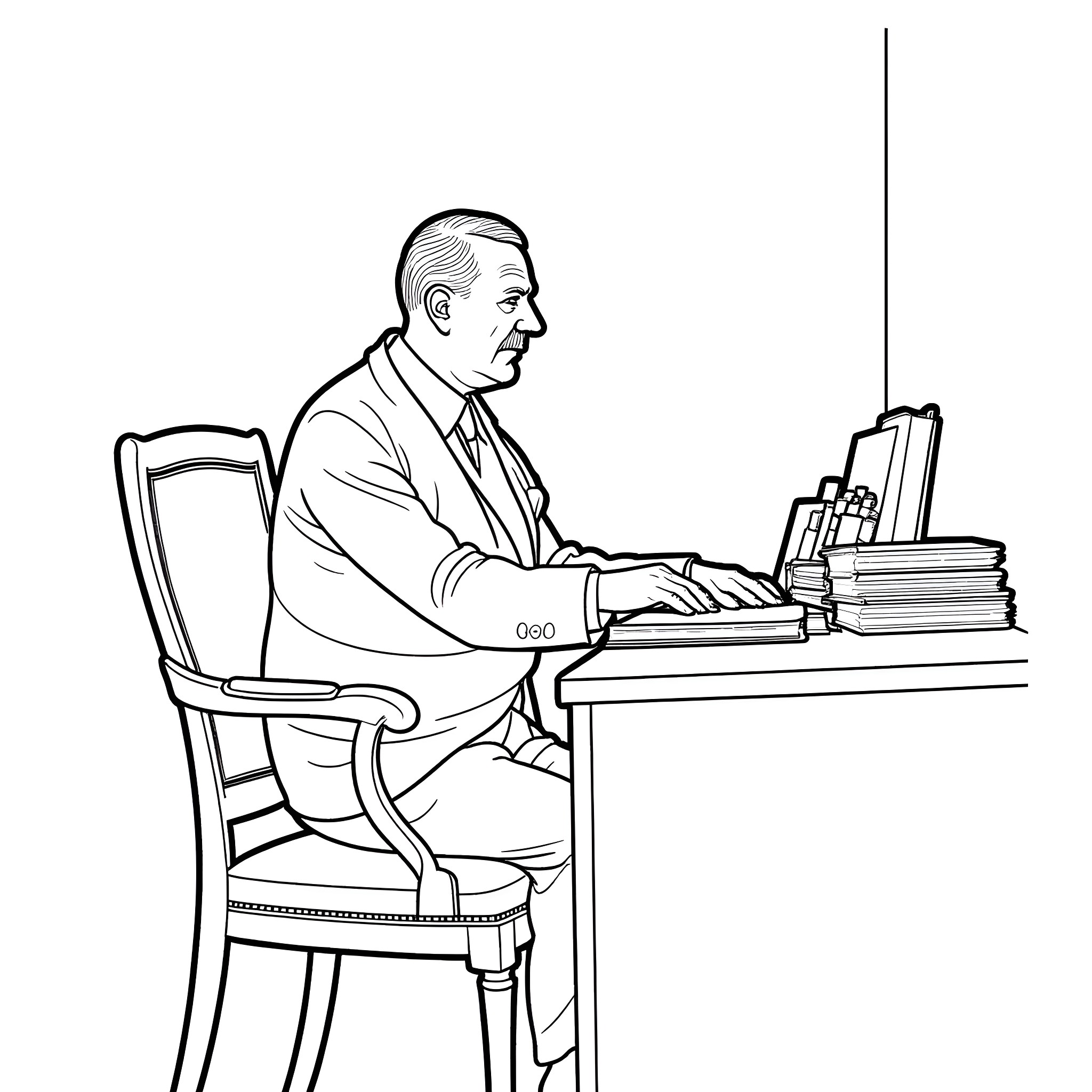 Adolf Hitler working intently at his desk Coloring Page (free black-and-white line drawing printable PDF for all, from beginners to advanced learners, including children, teens, adults, and seniors)