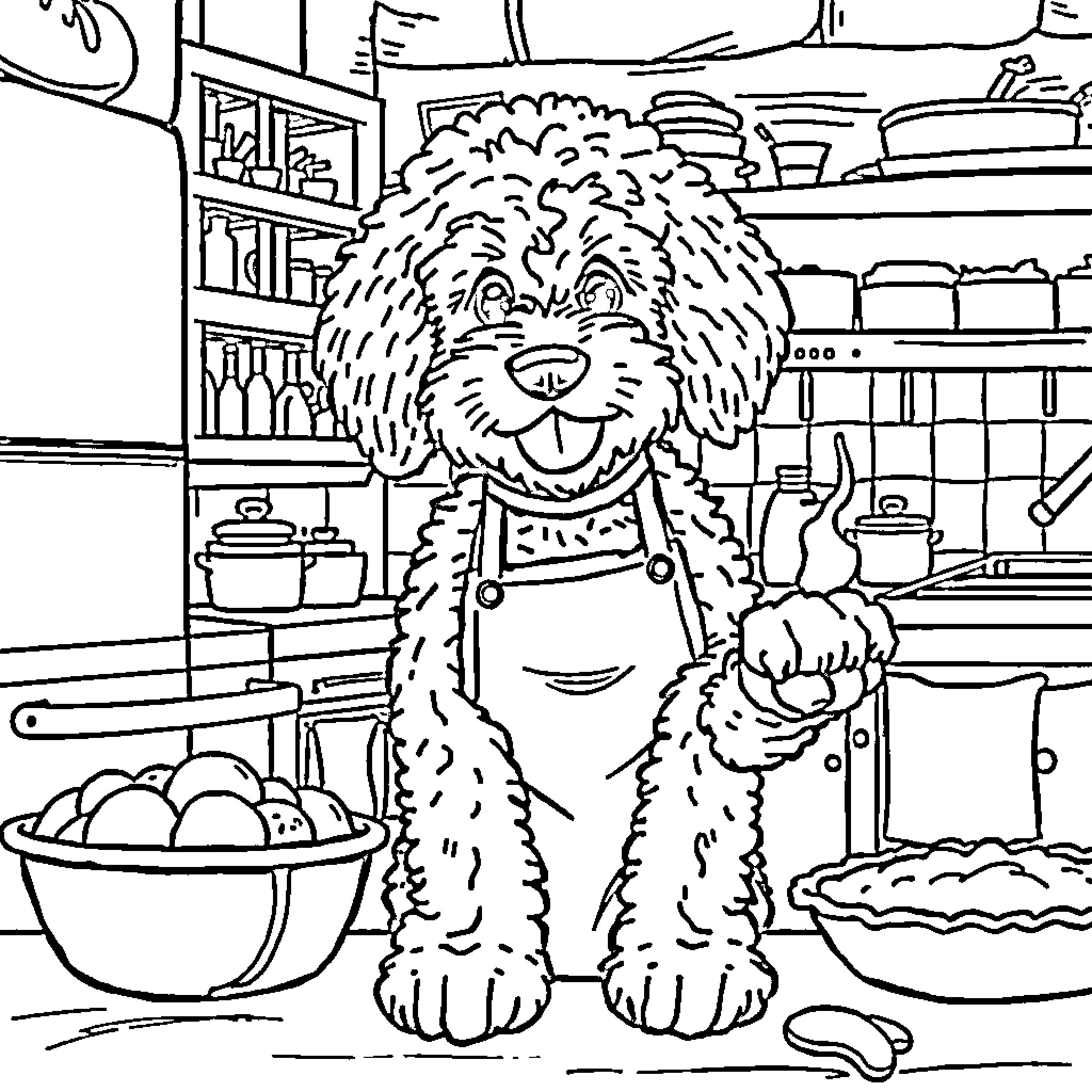 Labradoodle assisting in the kitchen with cooking Coloring Page (free black-and-white line drawing printable PDF for all, from beginners to advanced learners, including children, teens, adults, and seniors)