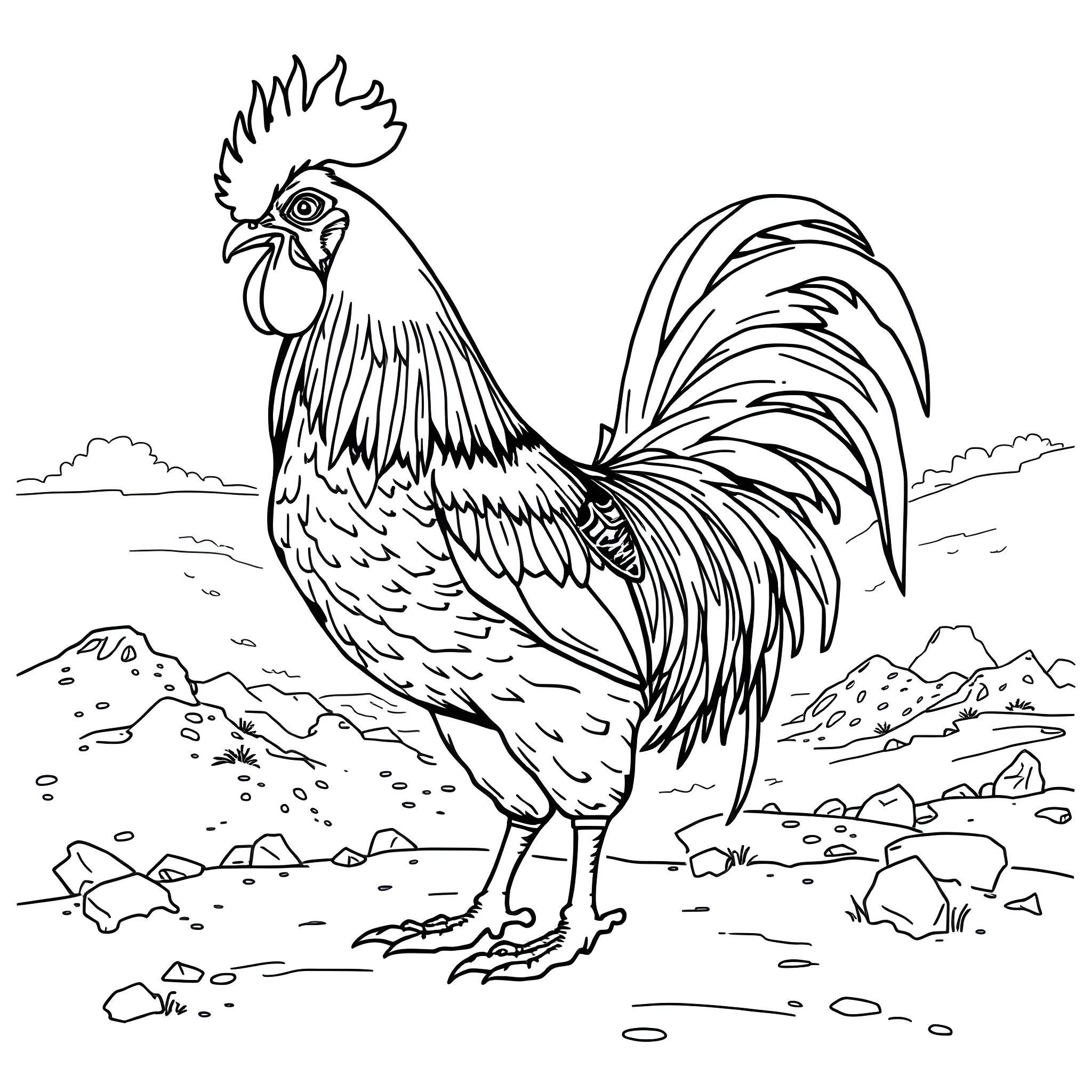 Rooster strutting proudly in the countryside Coloring Page (free black-and-white line drawing printable PDF for all, from beginners to advanced learners, including children, teens, adults, and seniors)