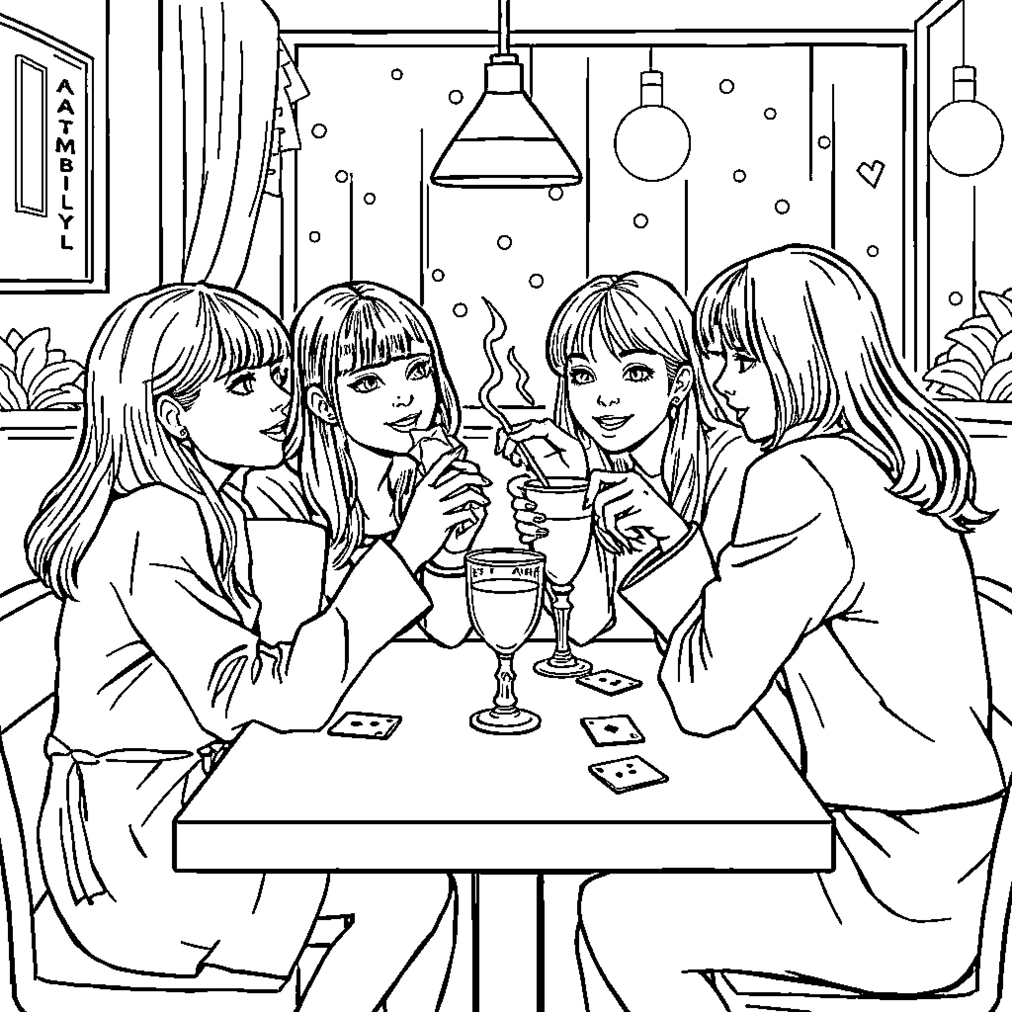 Rummy Night with Friends at the Cafe Coloring Page (free black-and-white line drawing printable PDF for all, from beginners to advanced learners, including children, teens, adults, and seniors)