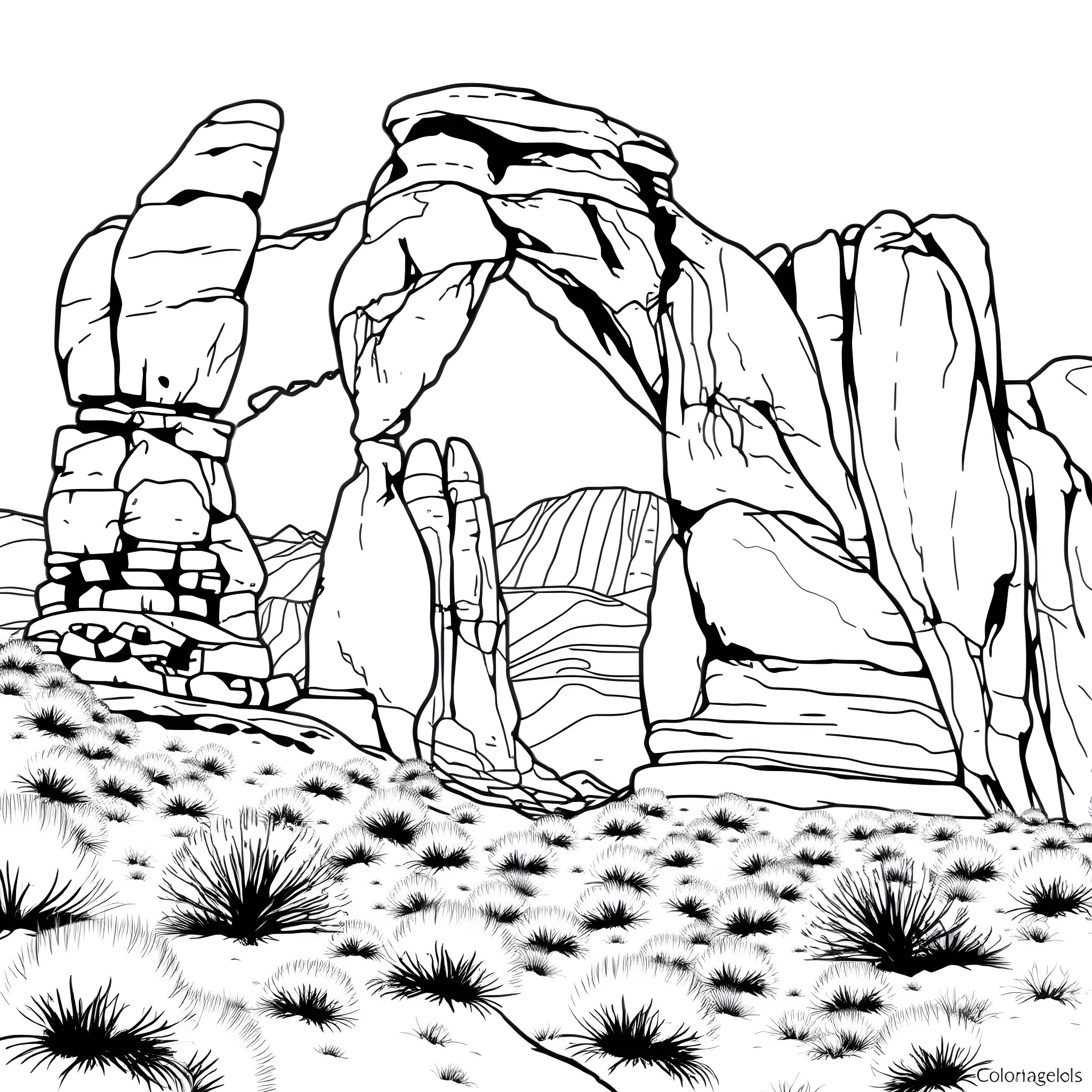 Arch of Rugged Rocks in Desert Landscape Coloring Page (free black-and-white line drawing printable PDF for all, from beginners to advanced learners, including children, teens, adults, and seniors)