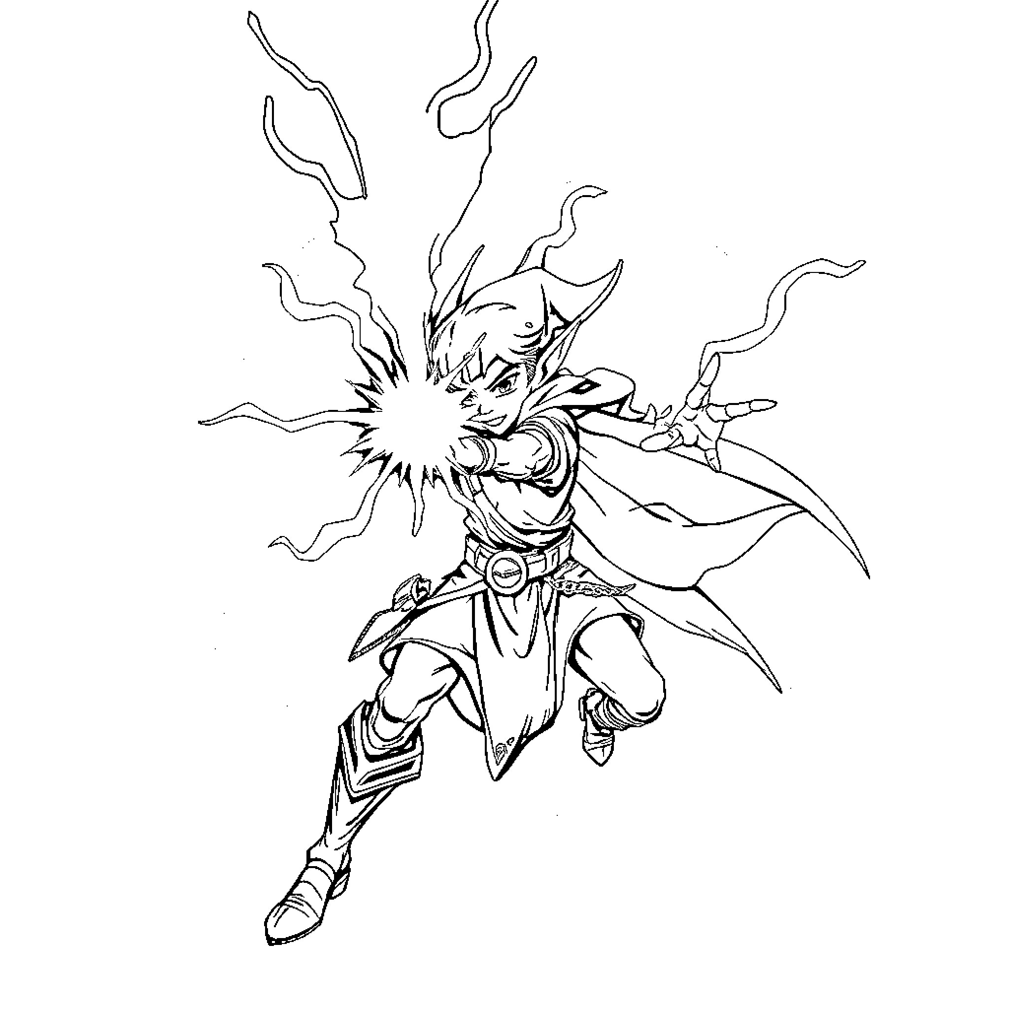 Elf Warrior Wielding Magical Weapon Coloring Page (free black-and-white line drawing printable PDF for all, from beginners to advanced learners, including children, teens, adults, and seniors)