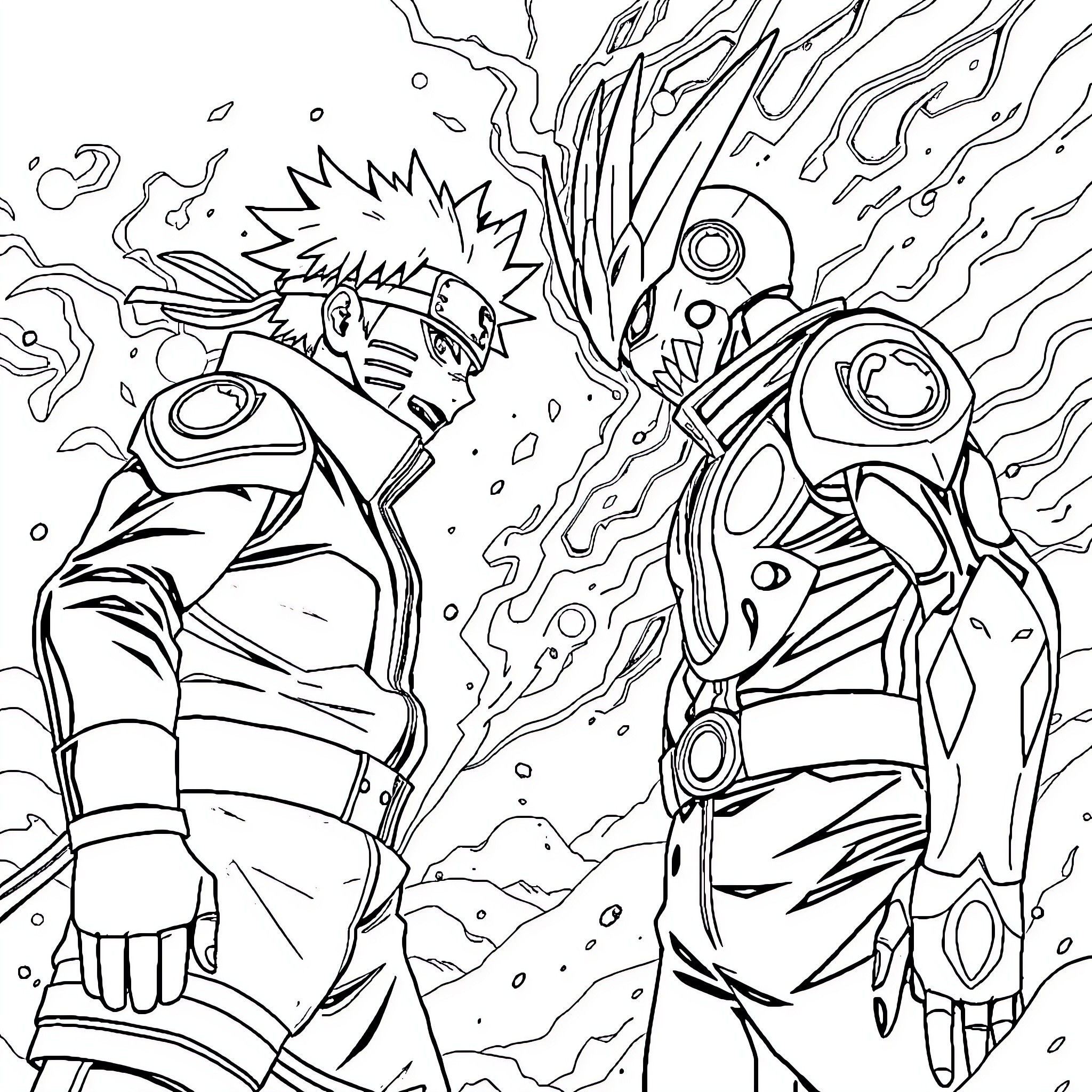 Naruto's Ninja Showdown Coloring Page (free black-and-white line drawing printable PDF for all, from beginners to advanced learners, including children, teens, adults, and seniors)