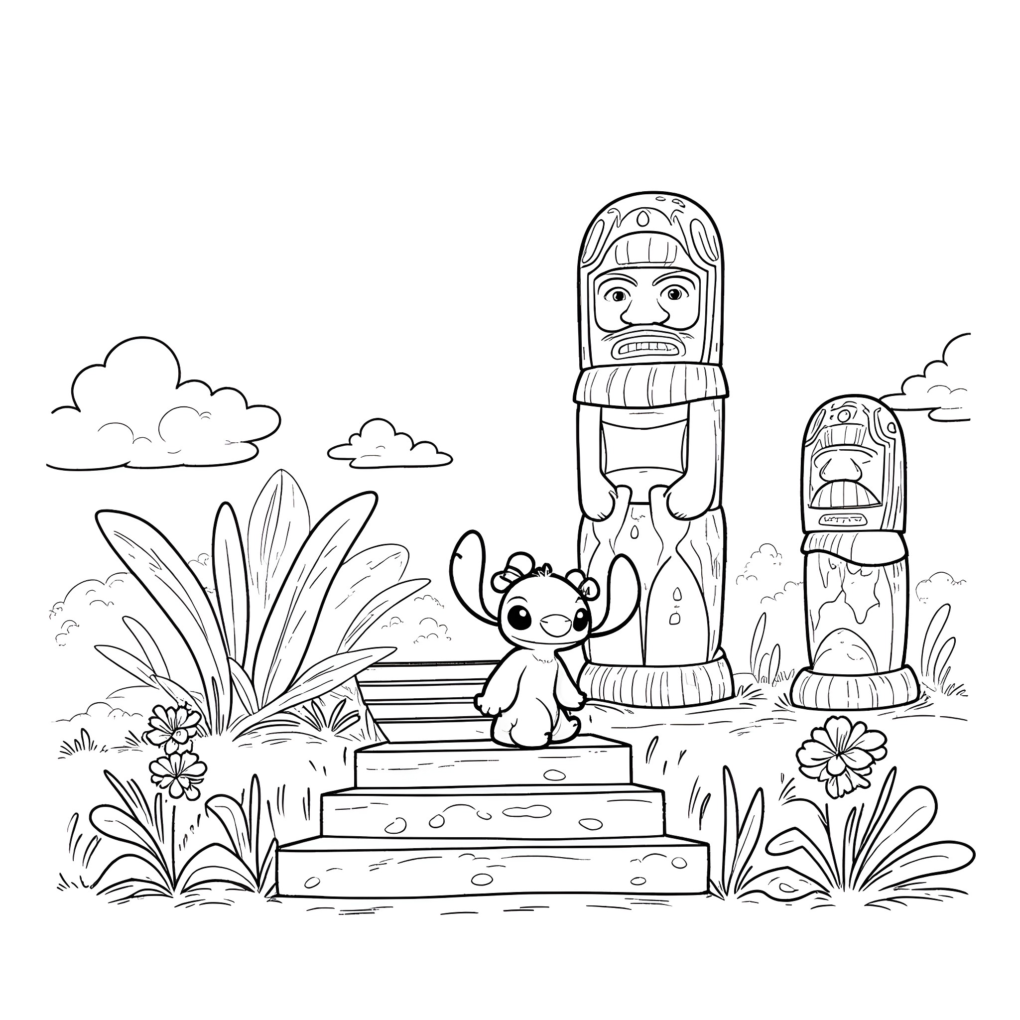 Lilo exploring a tropical island with tiki statues Coloring Page (free black-and-white line drawing printable PDF for all, from beginners to advanced learners, including children, teens, adults, and seniors)