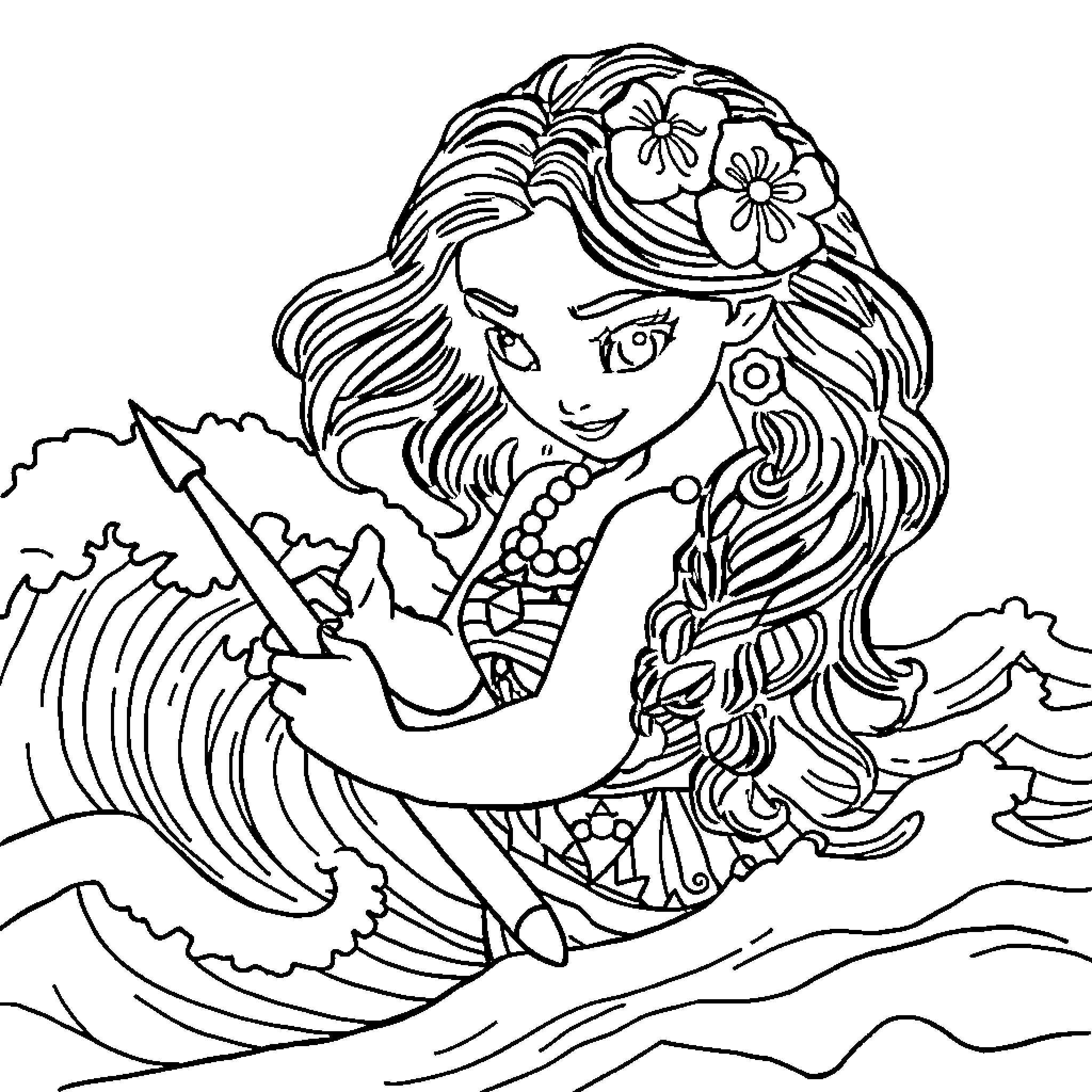 Moana Bravely Facing the Ocean's Waves Coloring Page (free black-and-white line drawing printable PDF for all, from beginners to advanced learners, including children, teens, adults, and seniors)