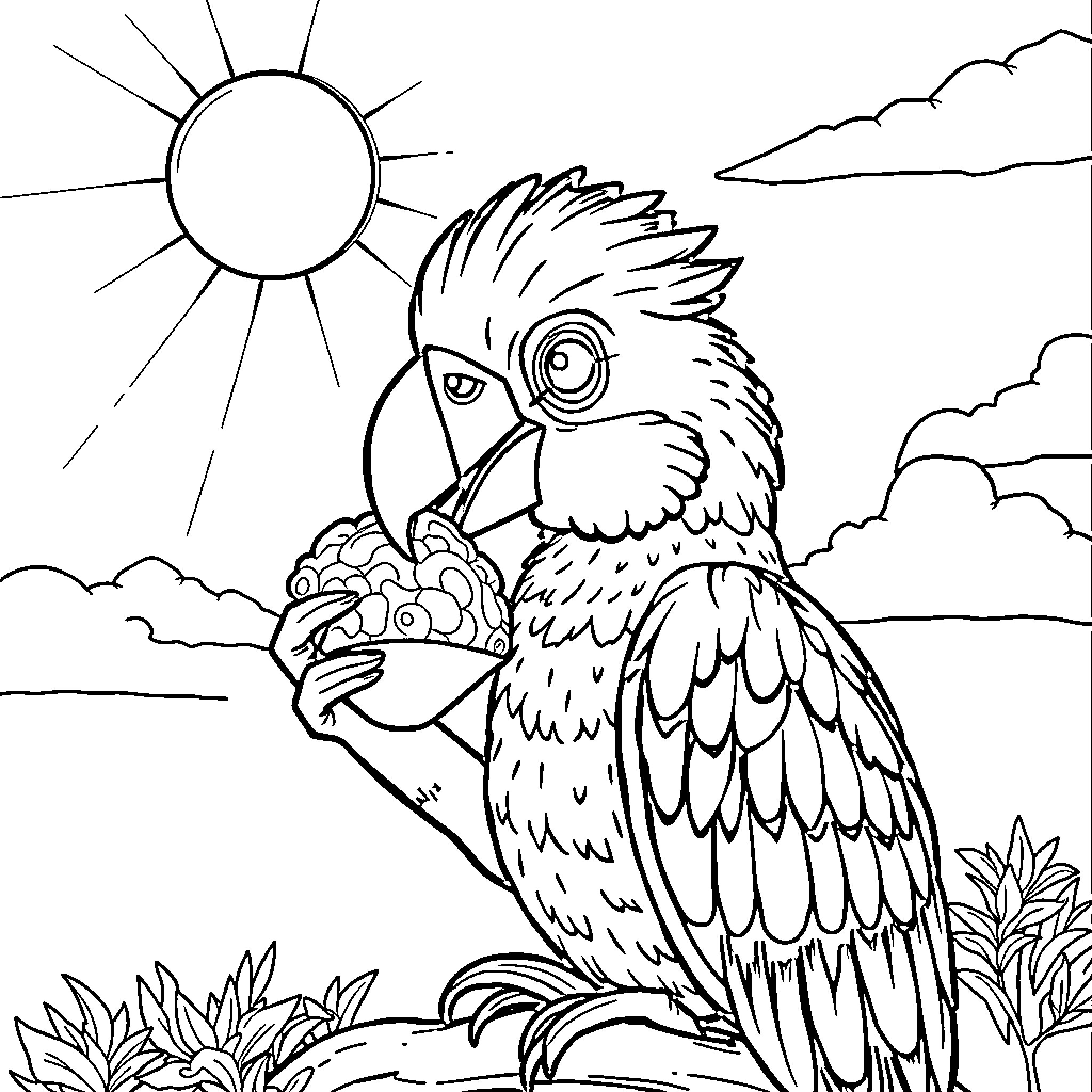 Gatocornio parrot exploring the outdoors Coloring Page (free black-and-white line drawing printable PDF for all, from beginners to advanced learners, including children, teens, adults, and seniors)